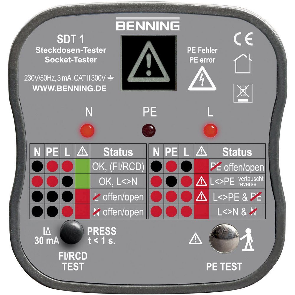 Benning Spannungsprüfer Benning SDT 1 Steckdosentester CAT III 300 V LED, LCD, (SDT 1)