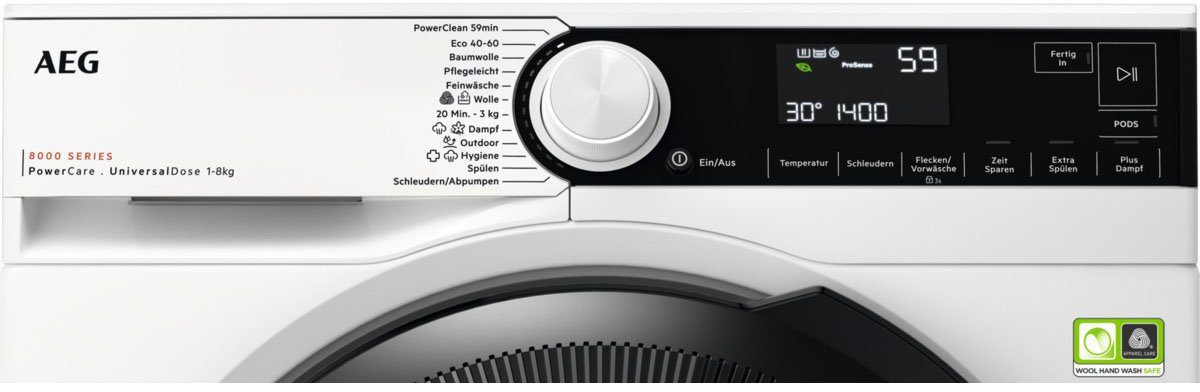 AEG Waschmaschine in °C LR8E70480, Min. U/min, 59 PowerClean - 30 8 1400 bei nur Fleckenentfernung kg
