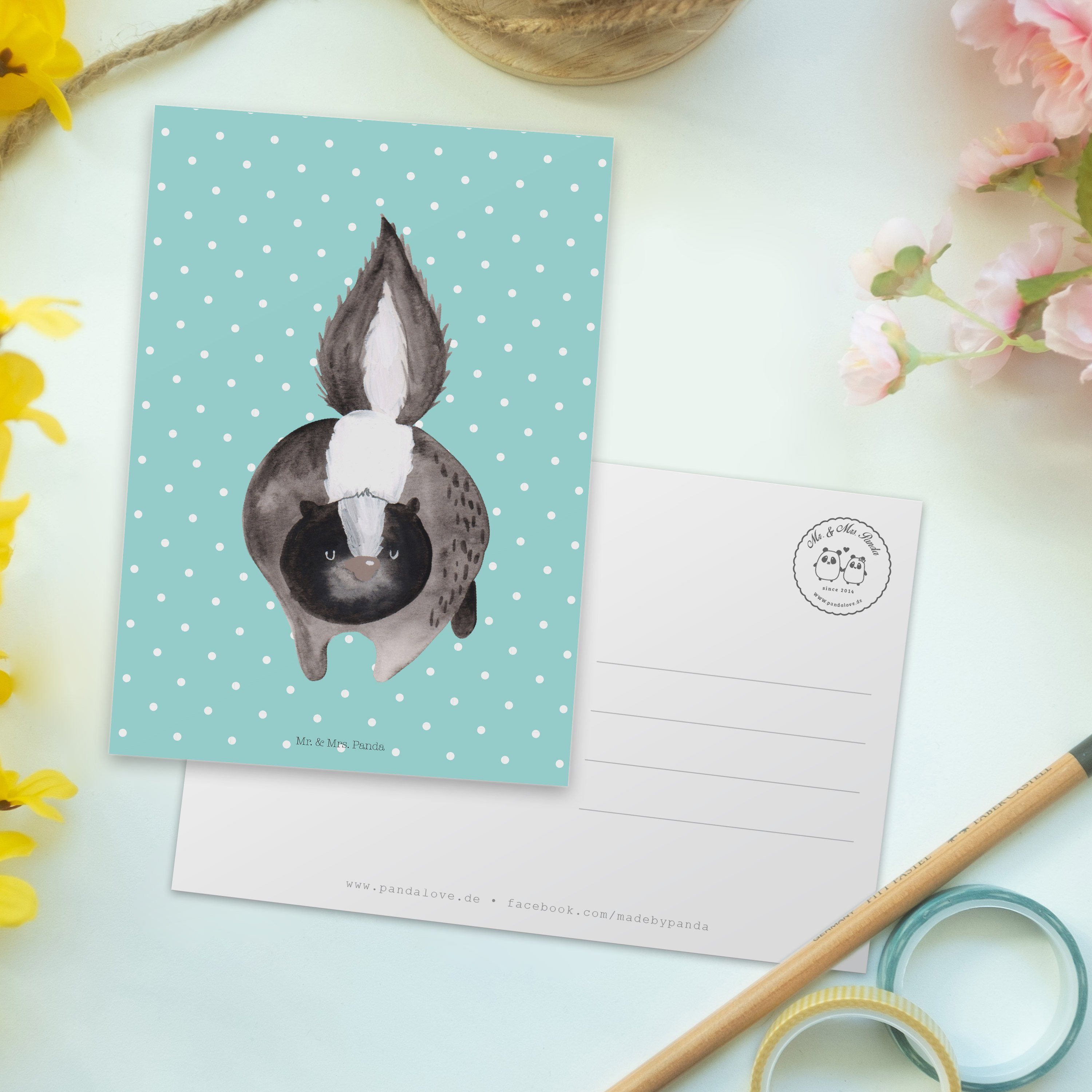 Panda Einladungskarte, Mrs. Grußk Türkis Mr. - Postkarte & Geschenk, - Stinktier Angriff Pastell