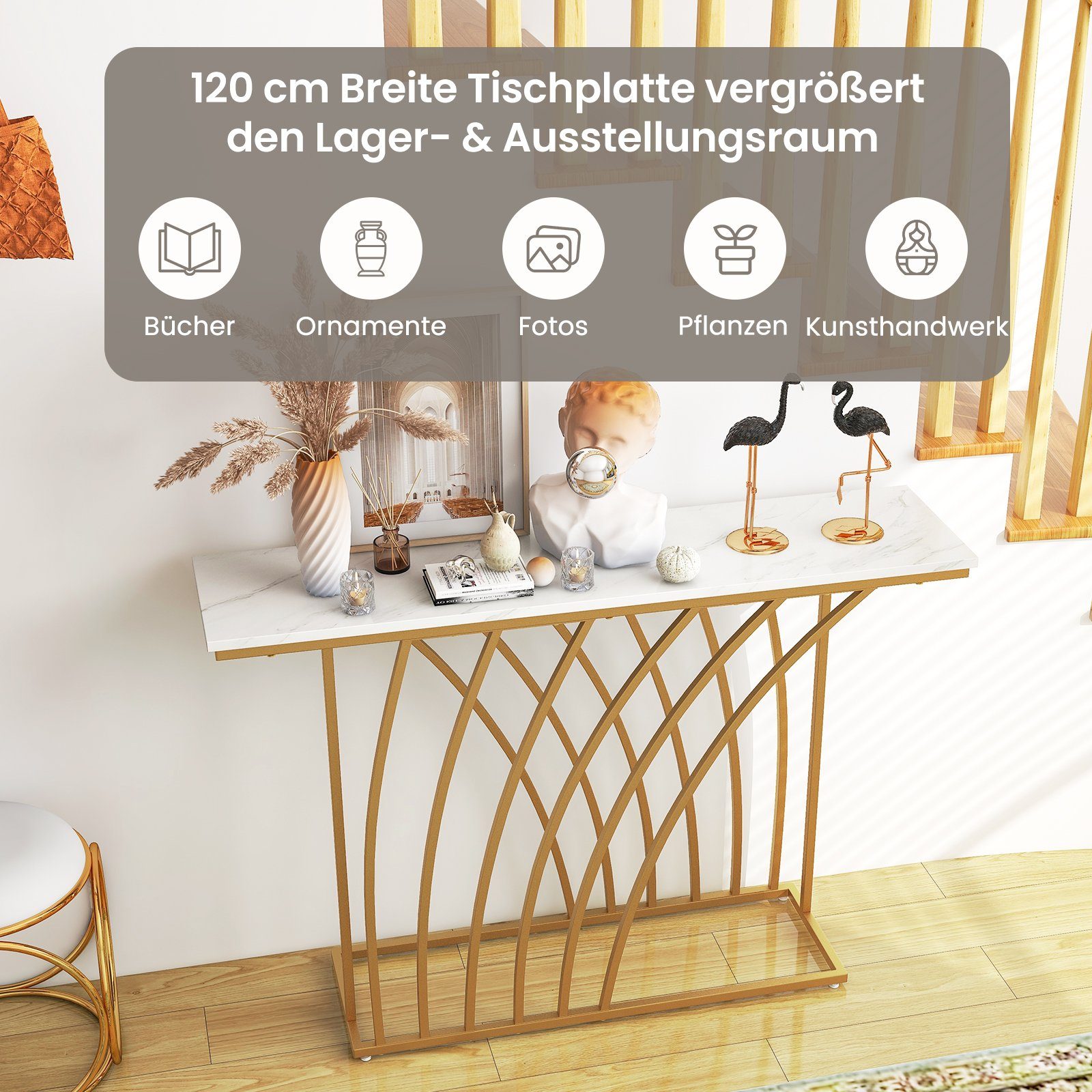 COSTWAY Konsolentisch, schmal, geometrischer Metallrahmen, Marmor, 120cm gold