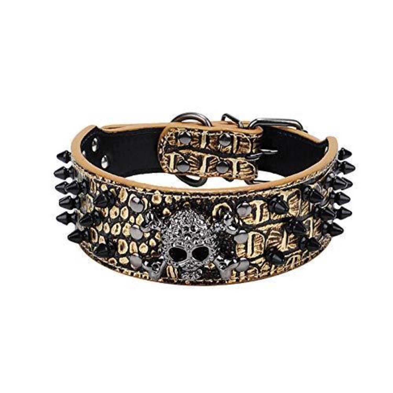 LuxusKollektion Hunde-Halsband Hundehalsband Nieten Kunstleder XL Gold, Kunststoff