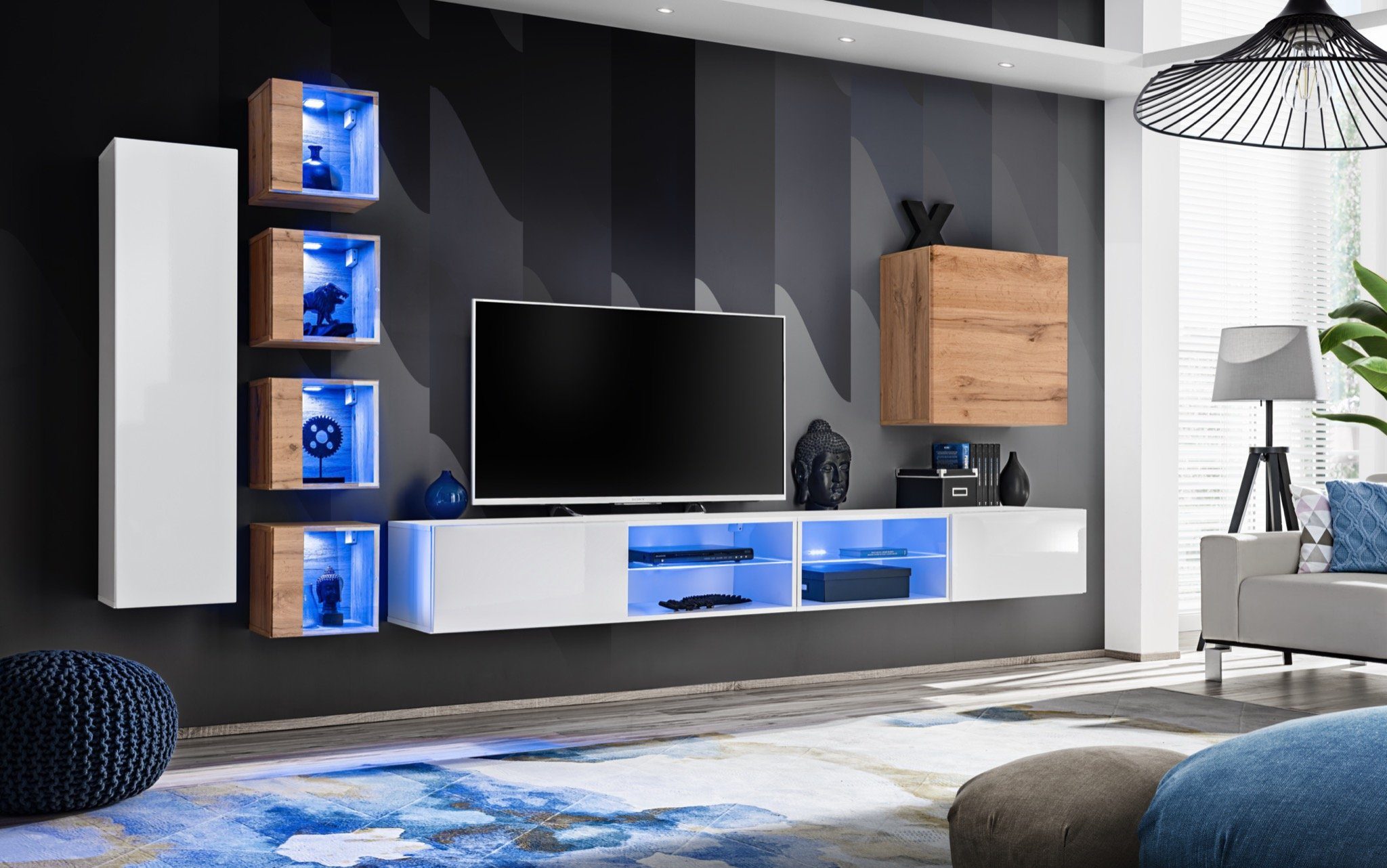 Wohnwand beleuchtet Wohnzimmermöbel, Schrank Ständer TV Designer Wandschrank 6x (8-St., TV Ständer LED Wand JVmoebel + 2x Wandschrank), Wohnwand