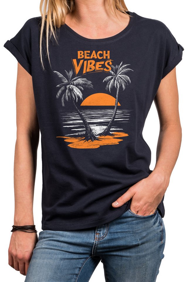 MAKAYA T-Shirt Vintage Damen-Top im Boho Stil – Palmen Sunset & Beachprint (Schwarz, Blau, 34, 36, 38, 40, 42, 44, 46, 48, 50) Baumwolle