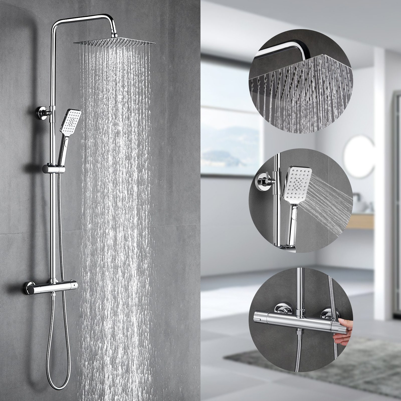 Duschsystem mit Thermostat, Regendusche mit Armatur, Edelstahl Duscharmatur