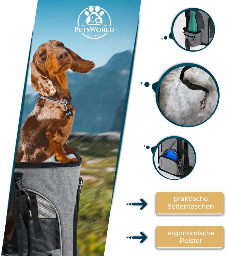 PETSWORLD EST 2021 Hunde-Transportbox Faltbarer Hunderucksack bis 8,5 kg atmungsaktiv mit Mesh, Ergonomisch gepolstert, mit Seitentaschen & praktischem Zubehör