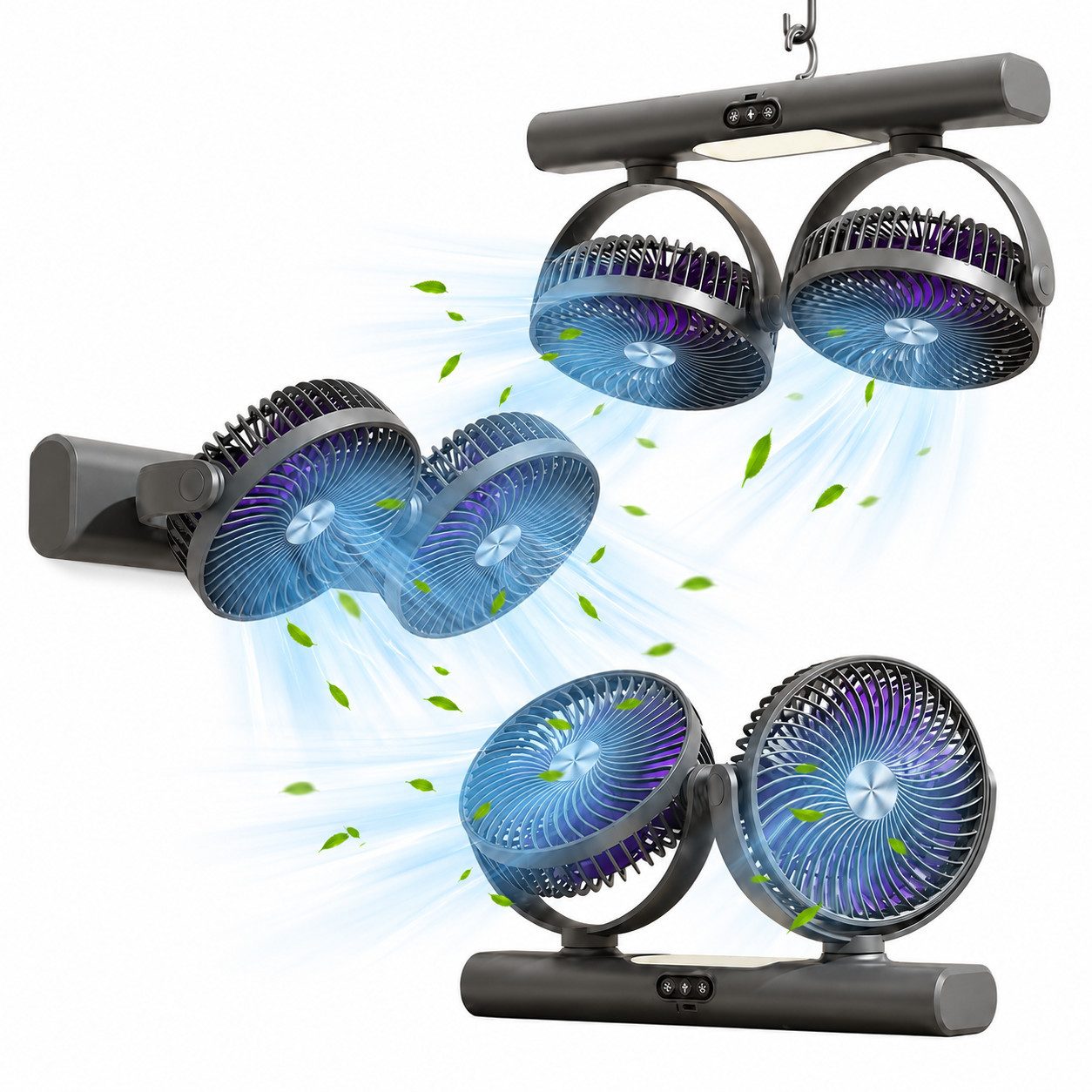 MOPUEA Standventilator 3-in-1-Doppelkopf Ventilator 3 Windstufen mit Licht Flexible Montage, 2 Köpfe, 3 Stufen, USB-C, Licht und flexible 3-in-1-Montage für Räume.