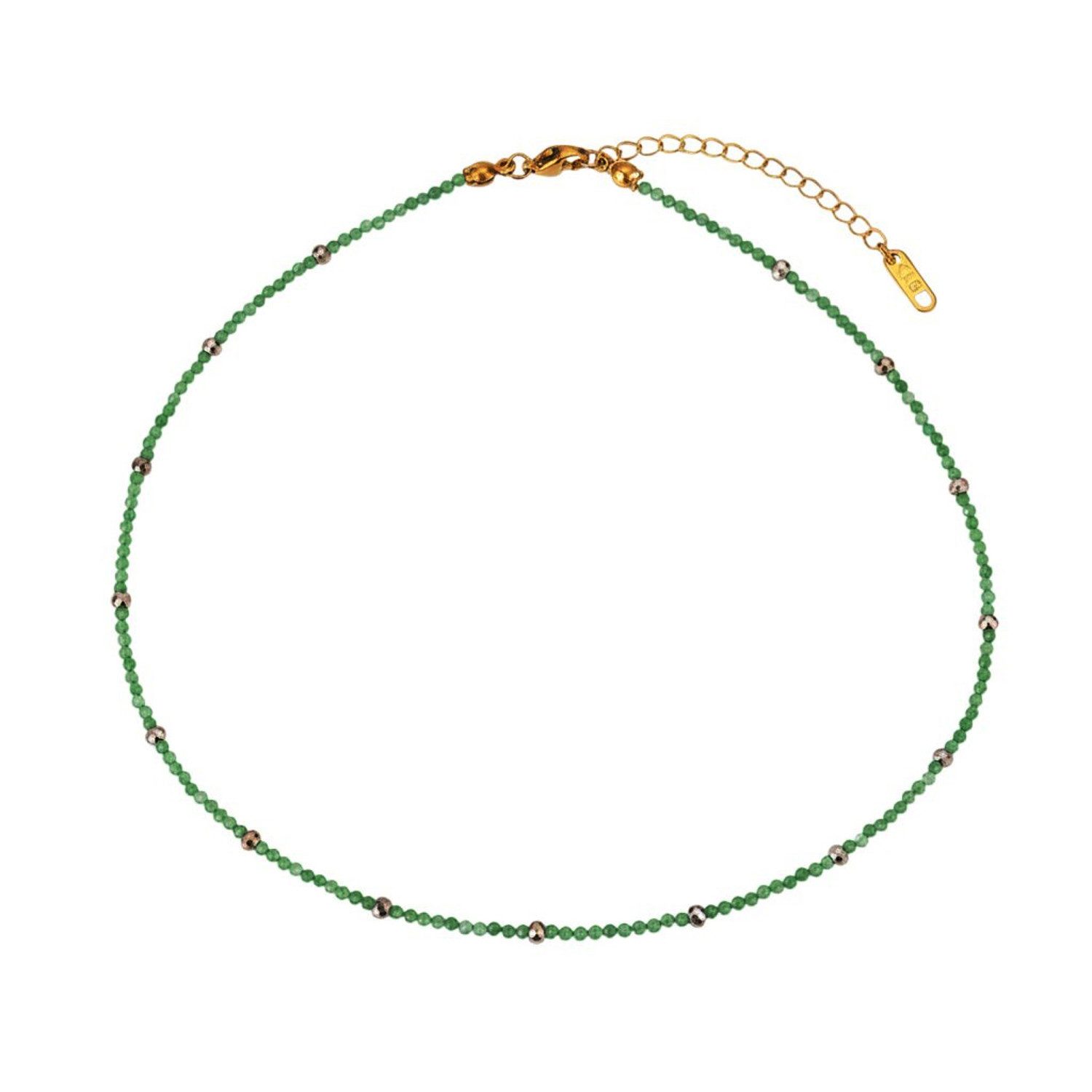 KARMA Kette ohne Anhänger Halskette Damen Edelstein Malachit Grün Gold 38 cm (Geschenk Edelsteinschmuck Perlenkette, 1-tlg., Edelstahl vergoldet wasserfest hypoallergen), Damenkette modern Edelsteinkette Schmuck
