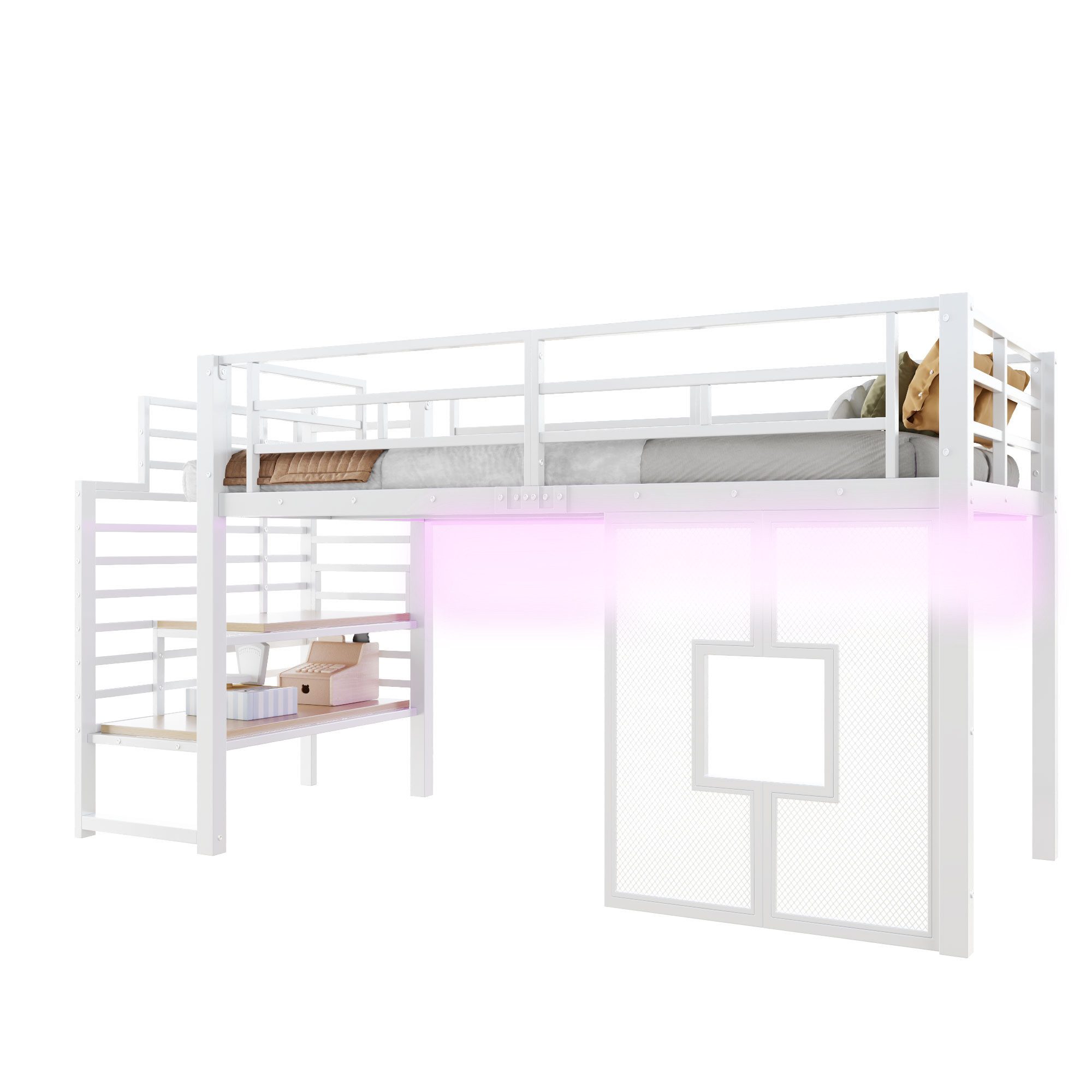 MODFU Hochbett für Kinder mit LED-Beleuchtung (Stauraumtreppe & Fenstern – platzsparend für Kinderzimmer, Spielbereich & Schlafbereich, 1-St., 257 x 98 x 128)
