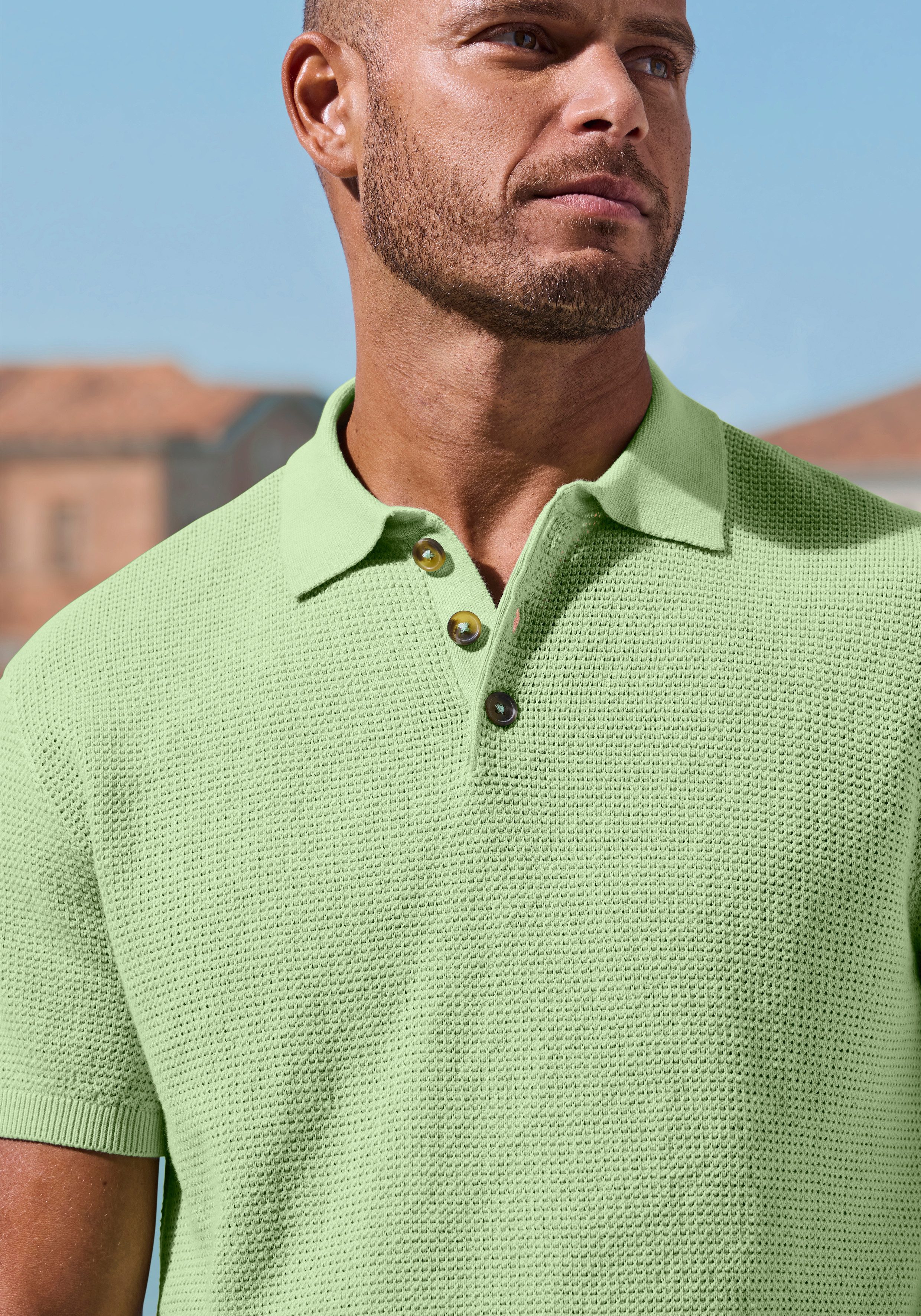 John Devin Poloshirt - sommerliches Strickshirt mit Polokragen mit Polokragen und kleiner Knopfleiste