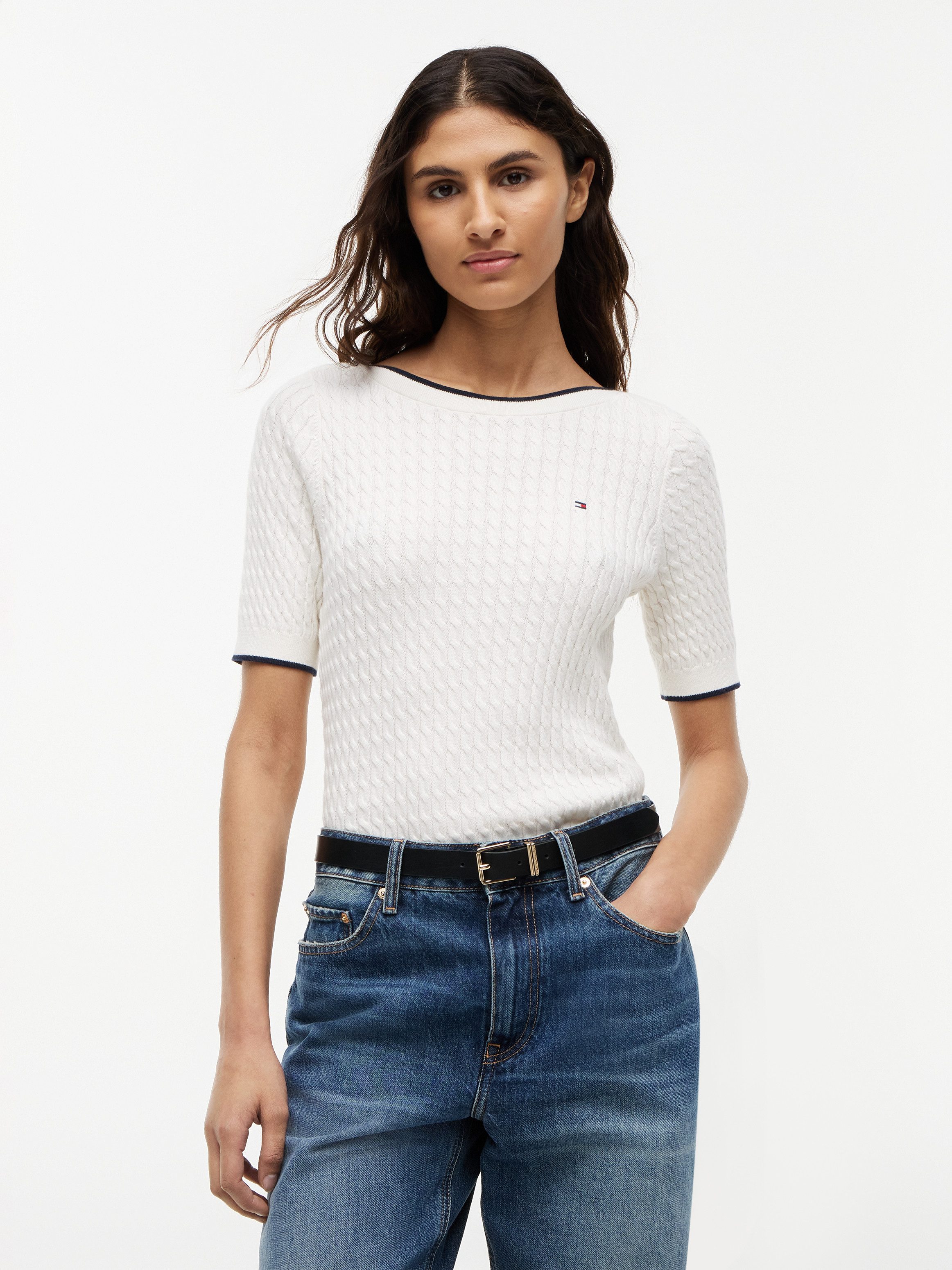 Tommy Hilfiger Kurzarmpullover FINE GG CABLE BOAT NK S/S Baumwolle, mit Zopfstrickmuster