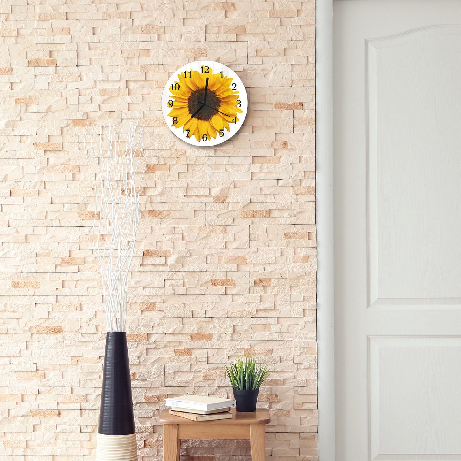 Primedeco Wanduhr Wanduhr aus Glas cm Rund und mit 30 Quarzuhrwerk mit Sonnenblume - Motiv Durchmesser