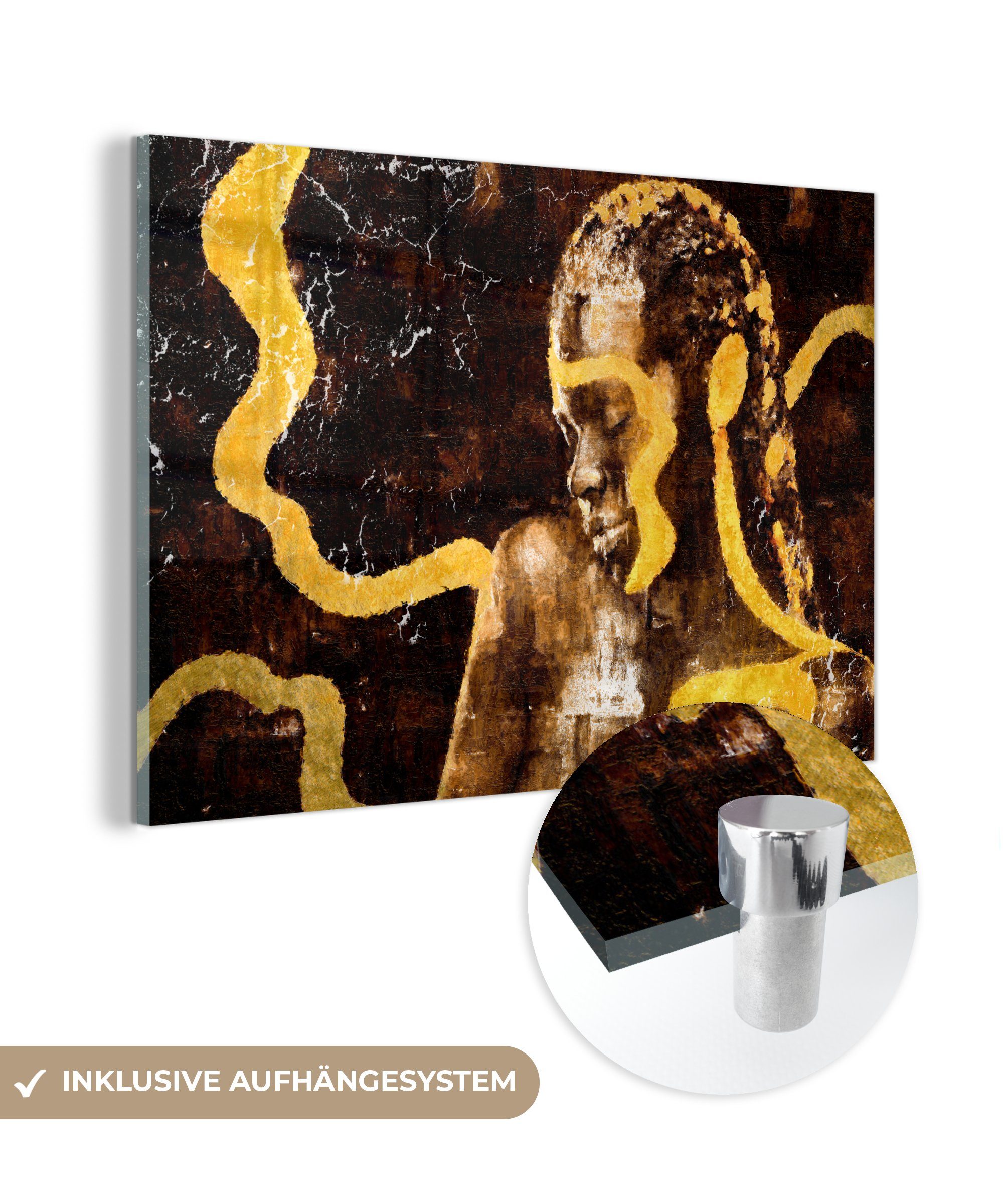 MuchoWow Acrylglasbild Frau - Schwarz - Gold, (1 St), Glasbilder - Bilder auf Glas Wandbild - Foto auf Glas - Wanddekoration