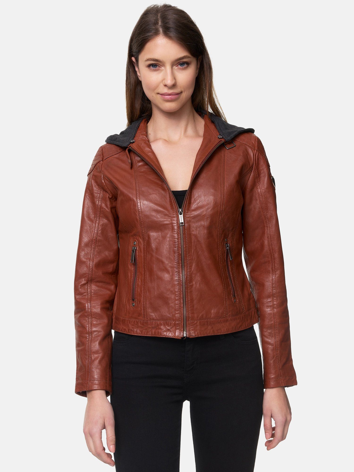 Tazzio Lederjacke F503 Damen Leder Jacke im Biker Look mit abnehmbarer Kapuze cognac