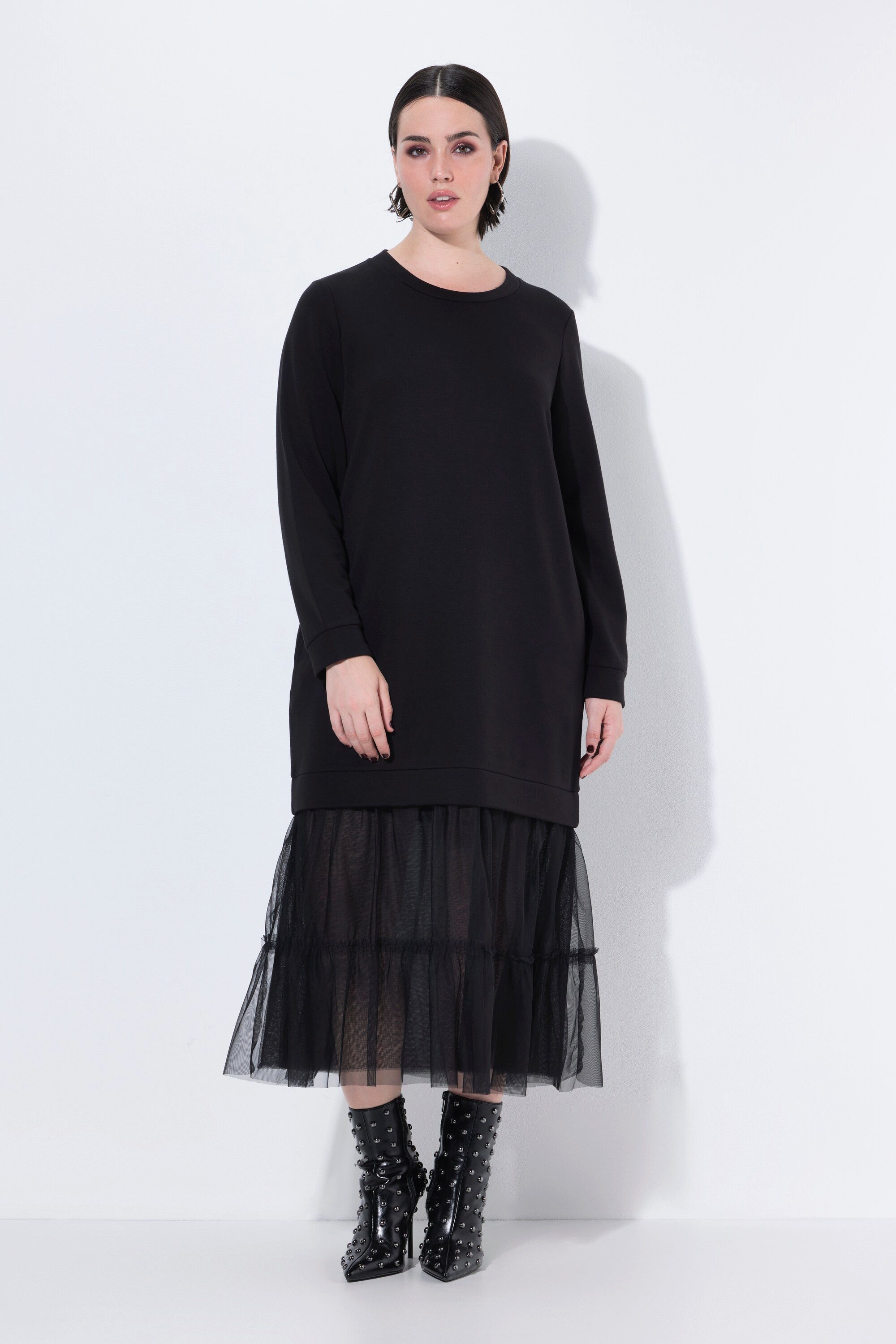 Ulla Popken Maxikleid Sweat-Maxikleid Tüll-Volant Rundhals Langarm günstig online kaufen