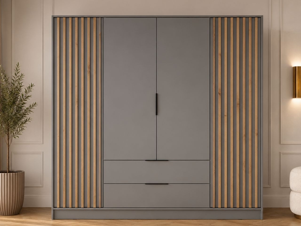 GrainGold Kleiderschrank Macron (Set, Kleiderschrank) Breite 206 cm, Laminierte Platte, ohne Spiegel, mit Schubladen