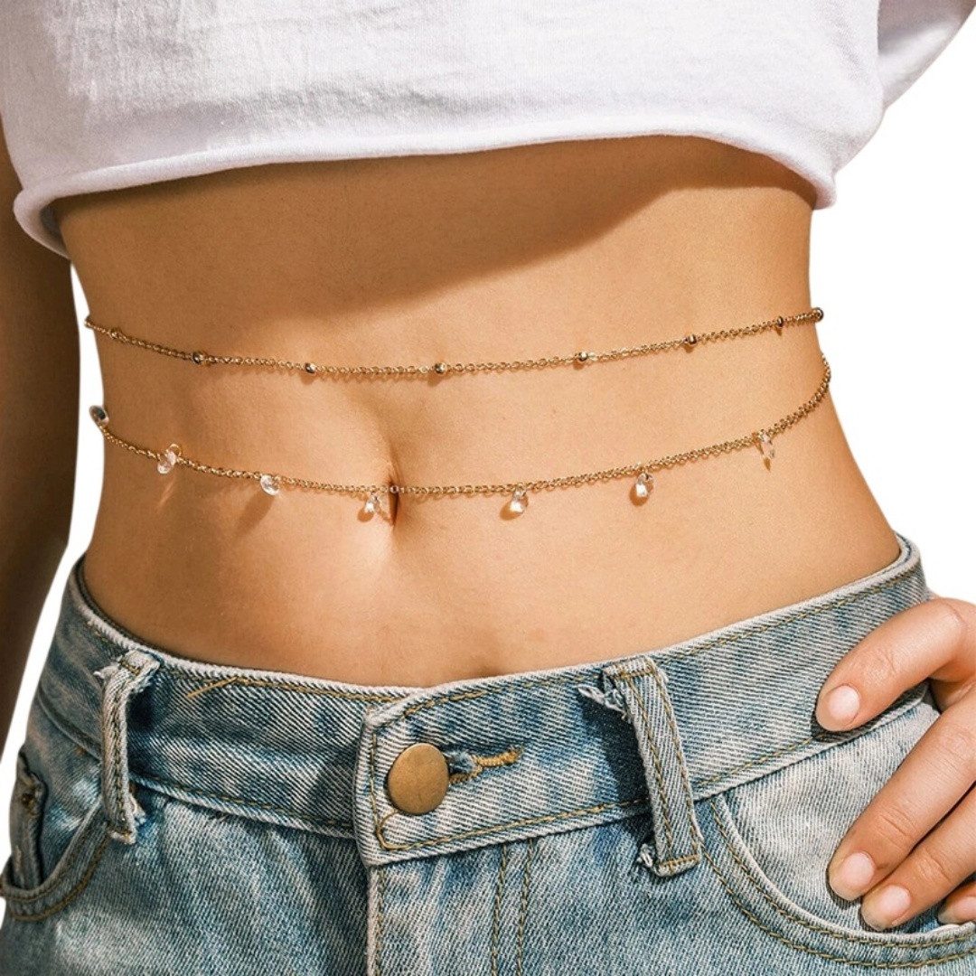 VEKROBOT Kettengürtel Modischer, sexy Bikini Gürtel Glaskugeln Strass, Damen Hüftkette (Packung, 1-St., Modischer Taillenschmuck für einen verführerischen Look) Zweilagige Sternen Hüftkette warme Goldtöne, fein verspielt