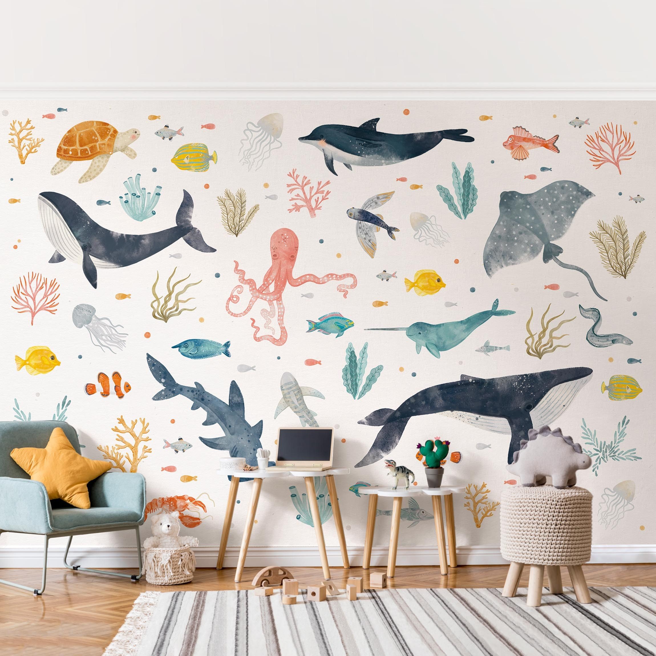 Bilderdepot24 Kindertapete Ocean Spirit Illustration Natur Landschaft Strand Meer Tiere blau, Glatt, Matt, (Vliestapete inkl. Kleister oder selbstklebend), Mädchenzimmer Jungenzimmer Babyzimmer Bildtapete Fototapete Wandtapete