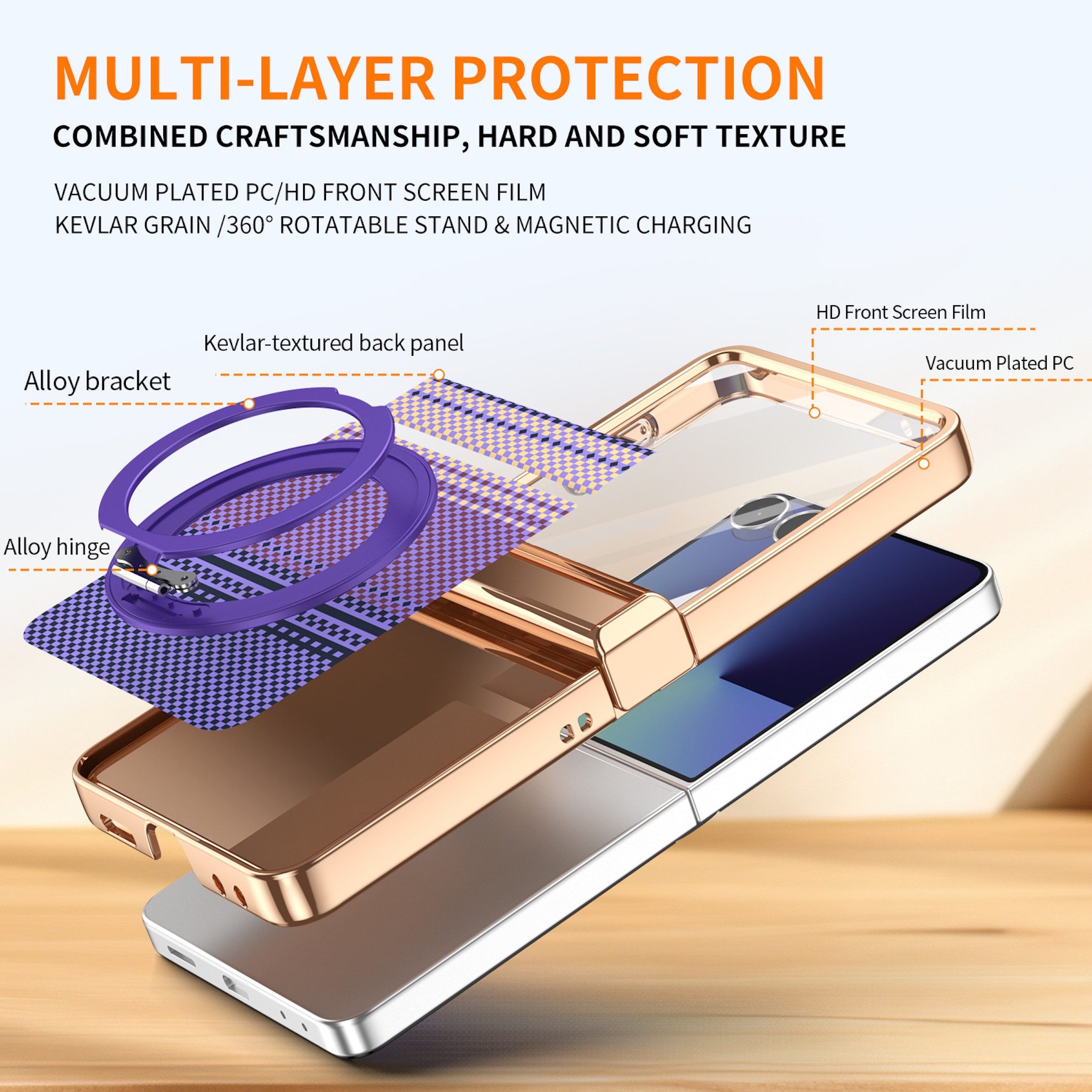 Wigento Handyhülle Samsung Galaxy Z Flip8 5G Dreh Kipp Magnetring H9 Schutzglas Lila 6,90 und 4,1 Zoll, Scharnier Schutz, Displayschutz, erhöhte Ränder, Magneti – Bild 2 von 5