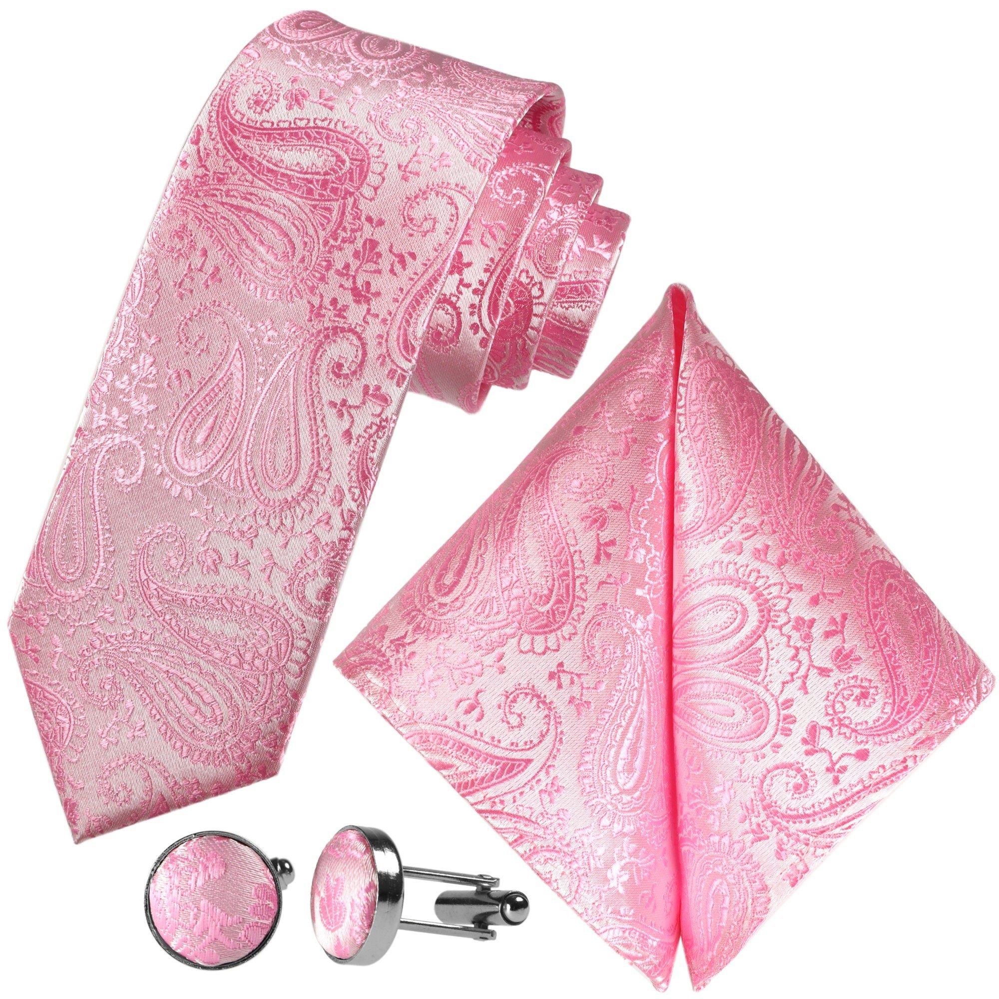 Manschettenknöpfe) Blassrosa Einstecktuch, Krawattenset, 3-St., Pink Hell-Rosa Pastell-Rosa Baby-Rosa Schlips (Set, Hochzeit Floral Festlich, Seide-Touch Dünn, Paisley Krawatte Zartrosa Jacquard Herren-Krawatte GASSANI Gemustert, Slim Satin Hochzeitskrawatte Tie, Schmal,