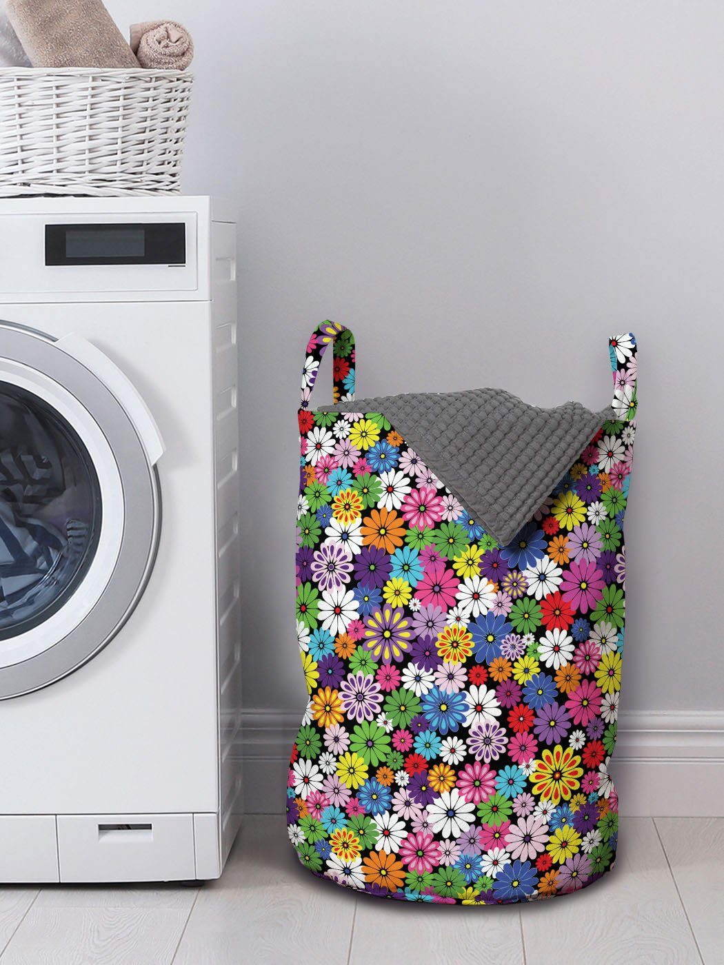 Kordelzugverschluss Wäschekorb mit Wäschesäckchen Waschsalons, Blume Griffen Vivid Gänseblümchen Abakuhaus Floral für