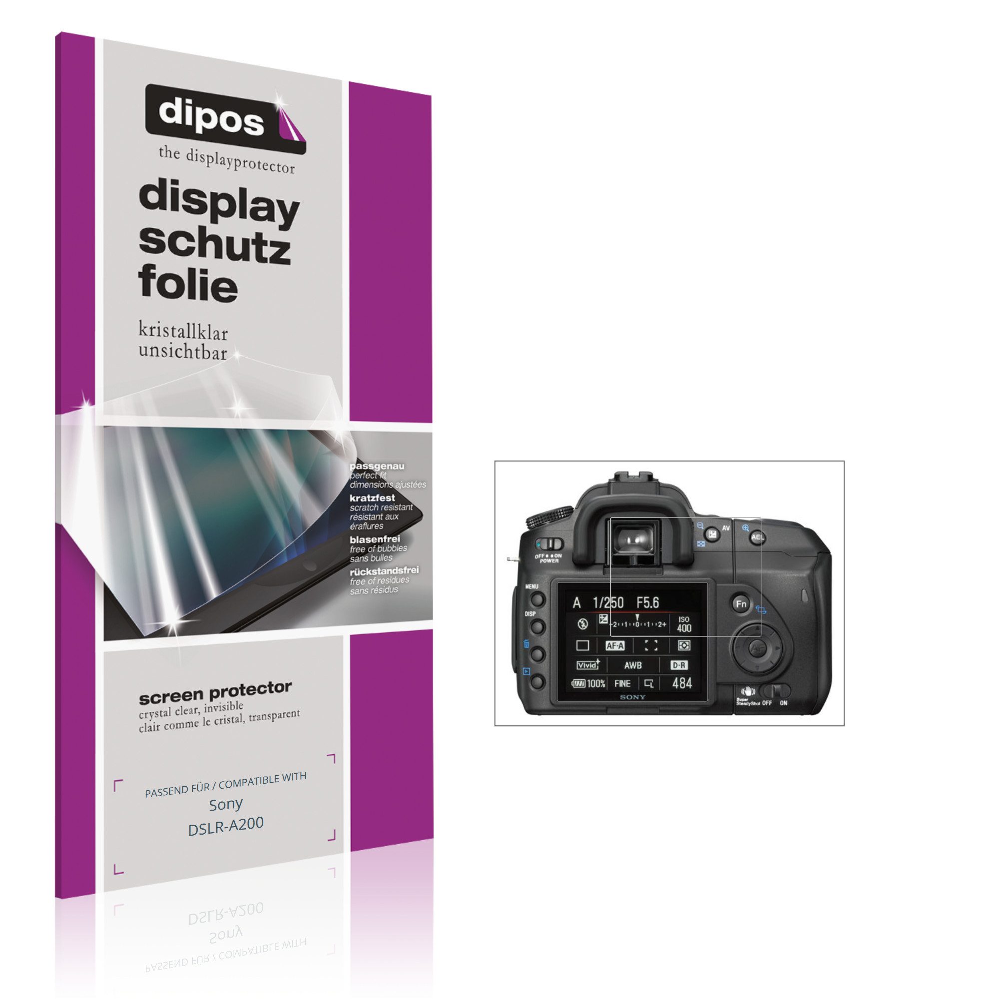 dipos Displayschutzfolie Schutzfolie für Sony DSLR-A200, 4 Stück, Displayschutz Schutz Folie Made in Germany