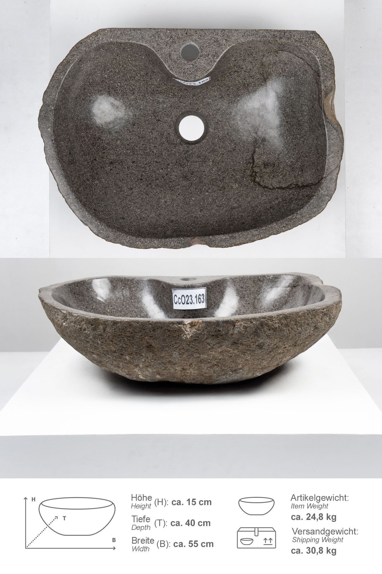 wohnfreuden Aufsatzwaschbecken Naturstein Waschbecken 50 cm oval mit Hahnloch (Kein Set), 101838_CcO3.163