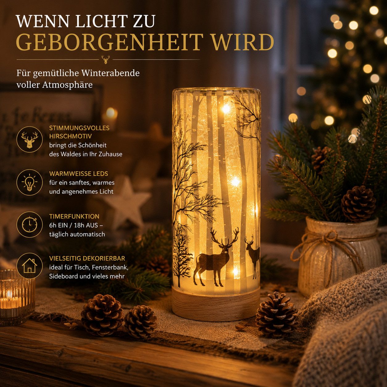 formano LED Dekolicht LED Deko Licht Hirschdeko Leuchtglas mit Holzsockel 15 cm Timer 6/18h, LED fest integriert – Bild 2 von 5