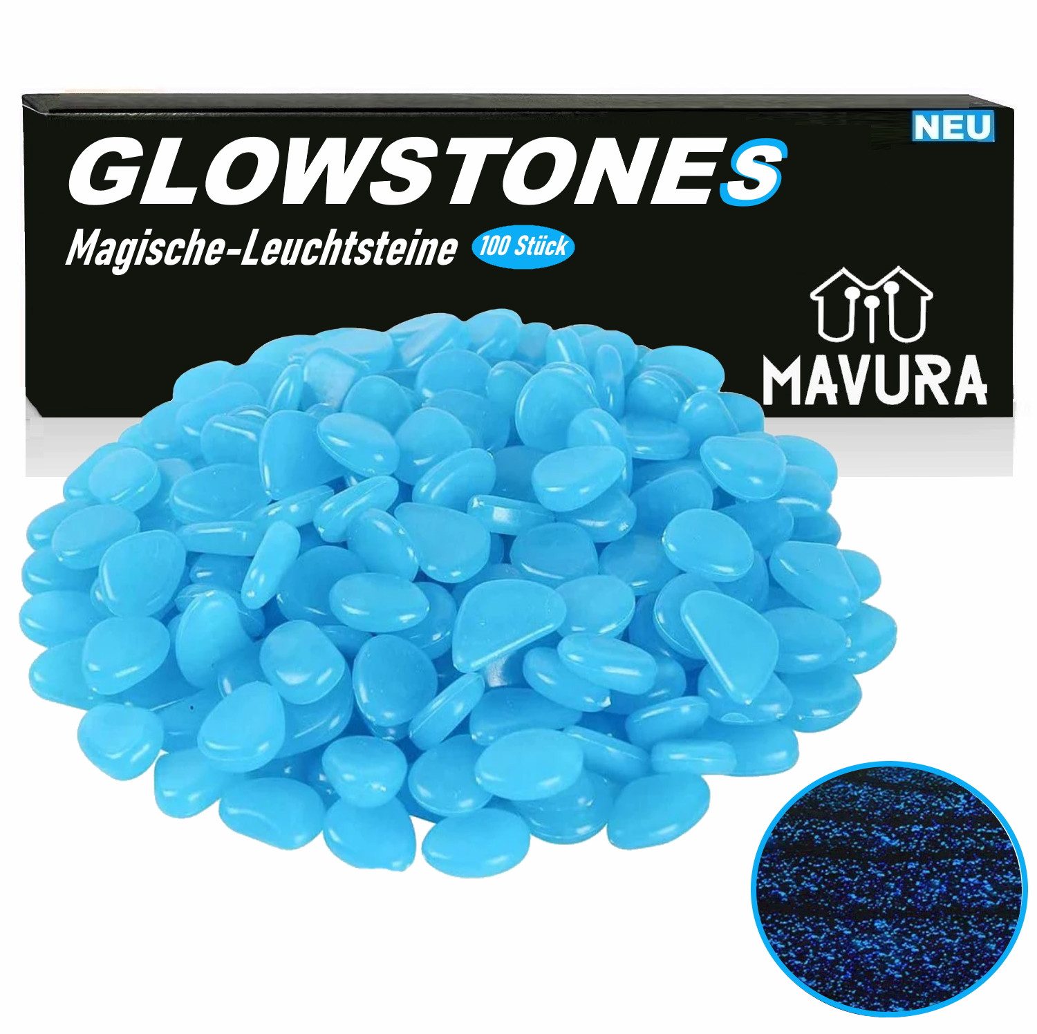 MAVURA Dekosteine GLOWSTONES Magische Leuchtsteine Leuchtkiesel Fluoreszierende Steine, Garten Aquarium Kieselsteine leuchtend Glow in the Dark [100 Stück]