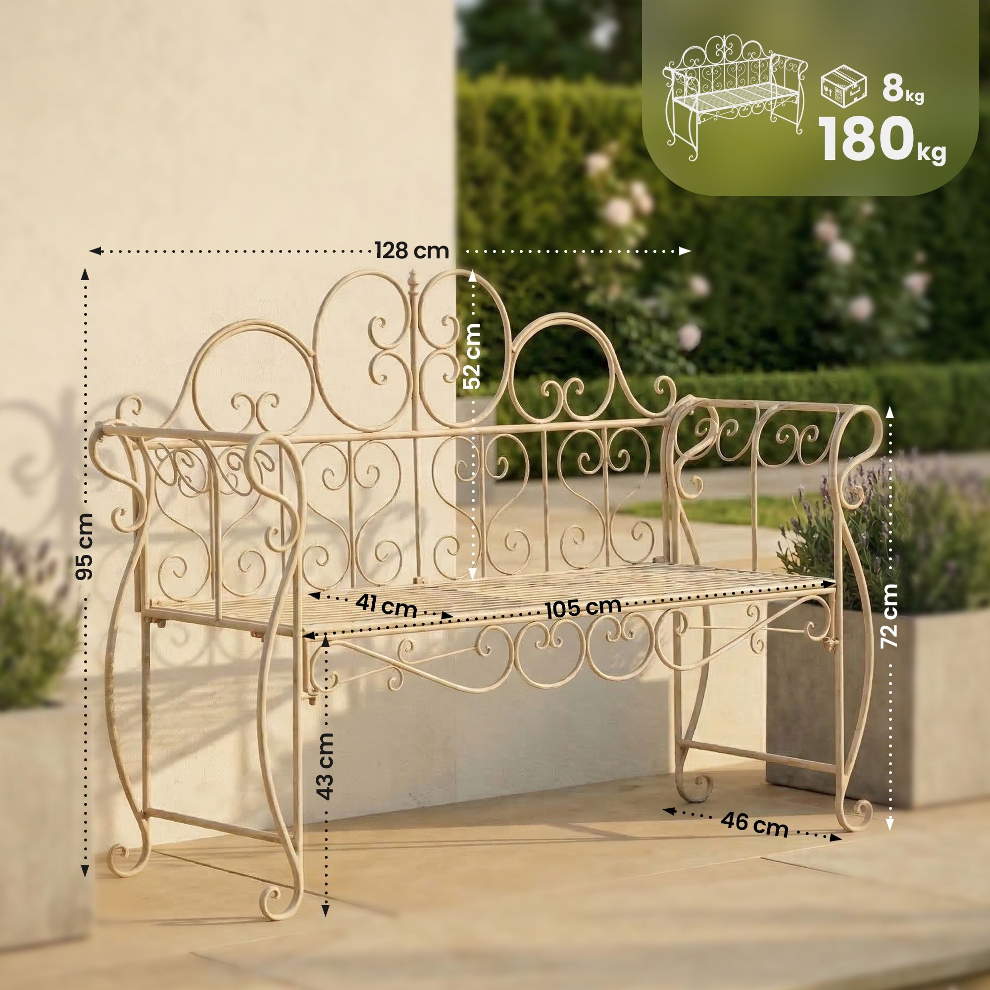 furnicato Gartenbank Minna 128x46x94 cm antik-creme (1-St)