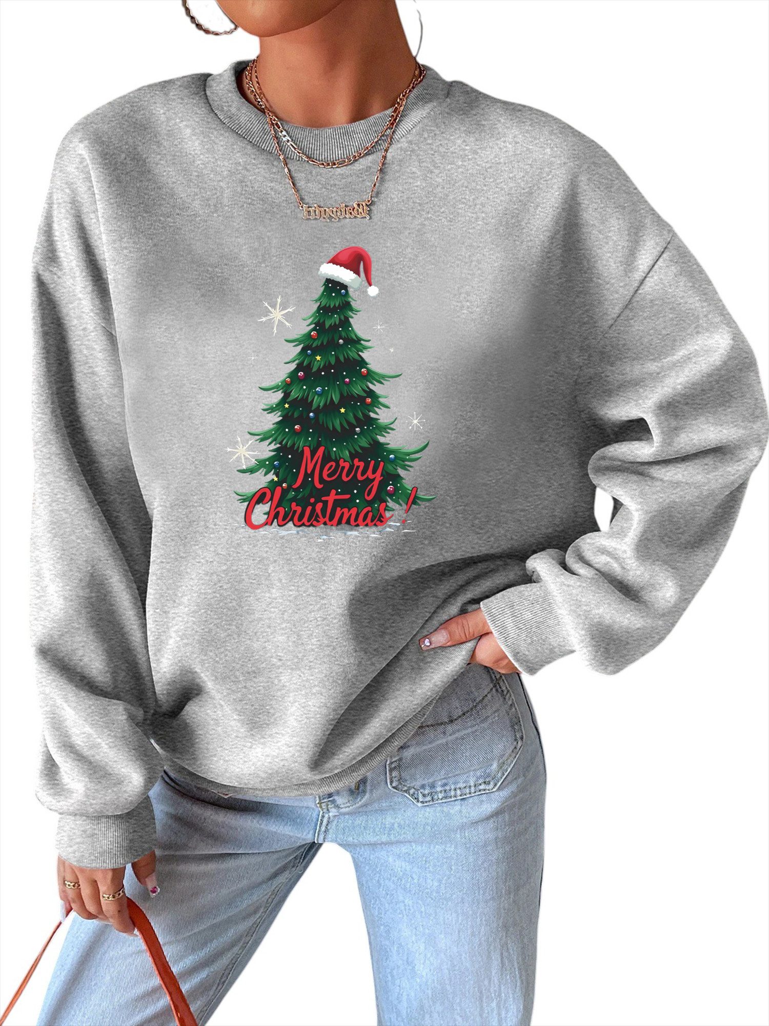 PYLIKE Fleecepullover Damen Festival Sweatshirt mit Weihnachten Print, Warm aus Fleece-Mix Bequem für Festival Herbst & Winter