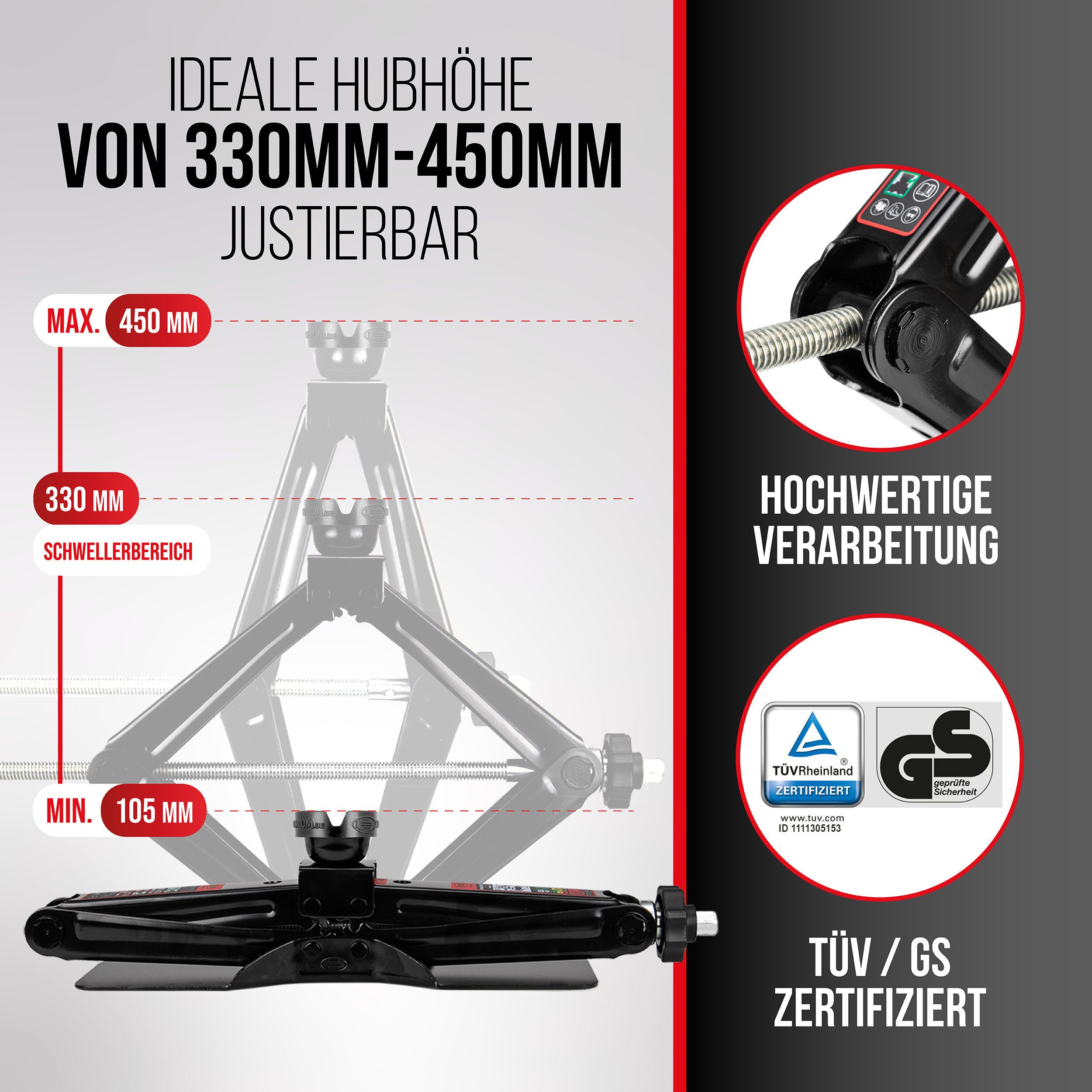 HEYNER Wagenheber Scherenwagenheber 2 t, 125–470 mm, VW Transporter T6 (FL 2019), max. Hubhöhe: 47 cm, Set, 1-tlg.