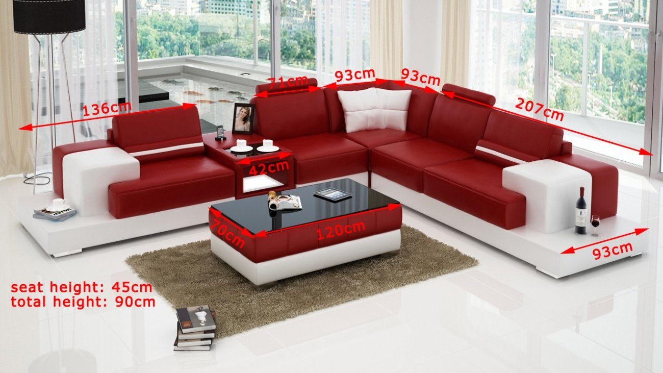 L-Form Garnitur JVmoebel Rot Wohnlandschaft Ecksofa, Couch Design Leder Modern Ecksofa