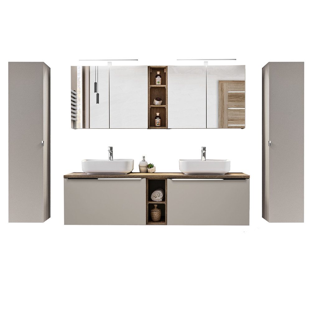 Lomadox Badmöbel-Set PUEBLA-56-TAUPE, (Spar-Set, 13-St), Eiche Doppelwascht günstig online kaufen