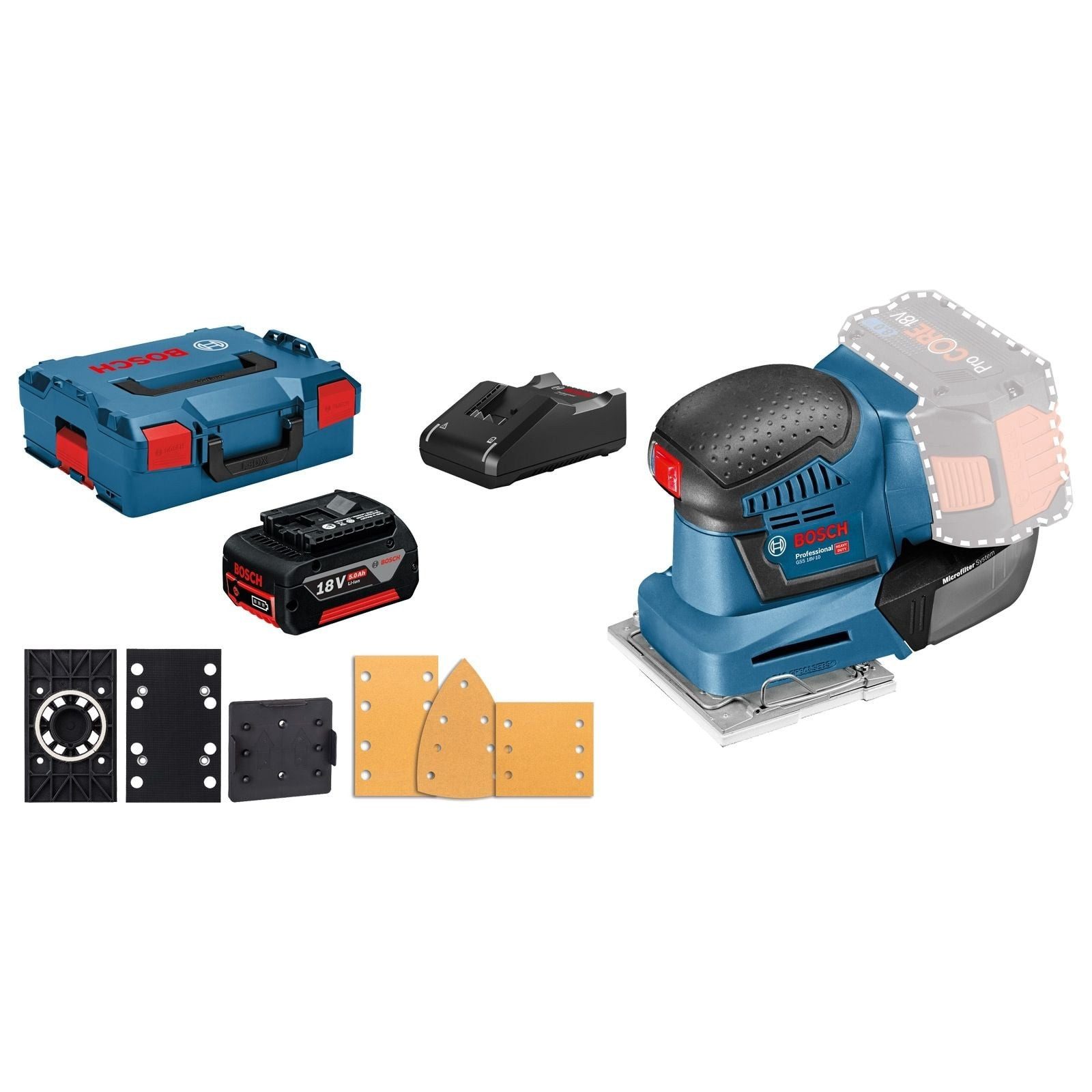 BOSCH Akku-Schwingschleifer Bosch Akku-Schwingschleifer GSS 18V-10 / 1x 5,0 Ah Akku + Ladegerät in