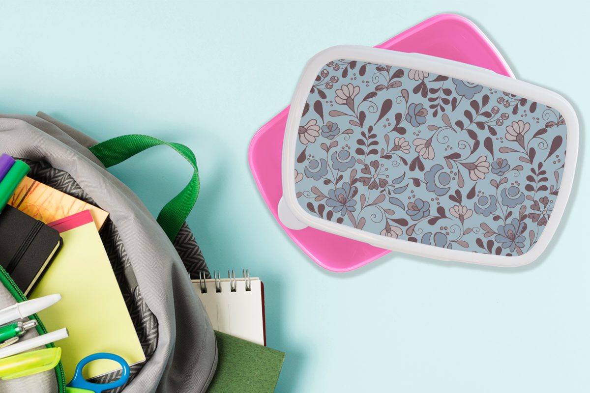 rosa Kunststoff, Grau Lunchbox - Brotbox - Kinder, - (2-tlg), Erwachsene, Brotdose Mädchen, für Blume Snackbox, Kunststoff MuchoWow Muster Blau,