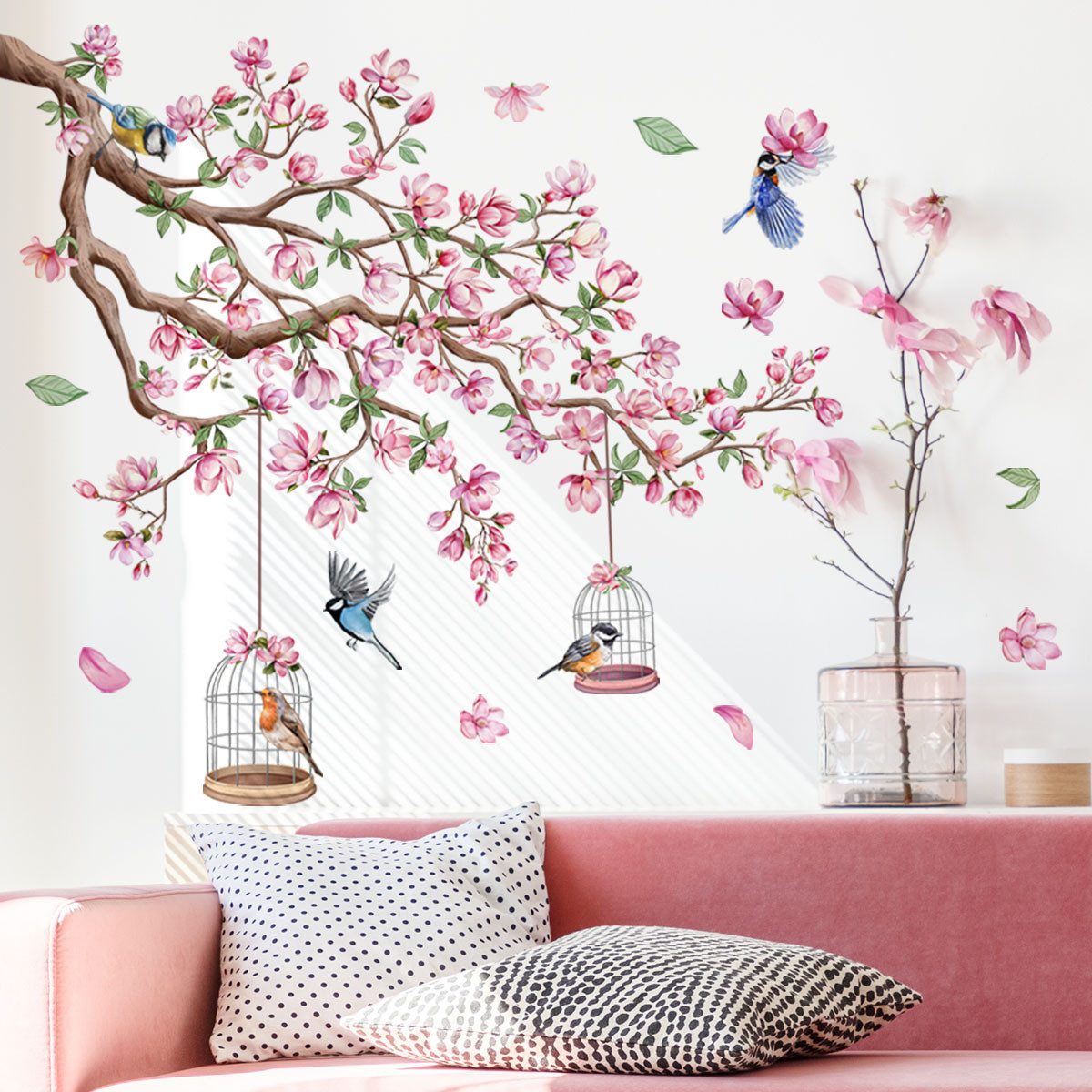 Coonoor Wandtattoo Pink Floral Wandtattoo, Pfirsichbaum Vögel Wandaufkleber, Wohnzimmer Schlafzimmer Wanddekoration – Bild 3 von 5