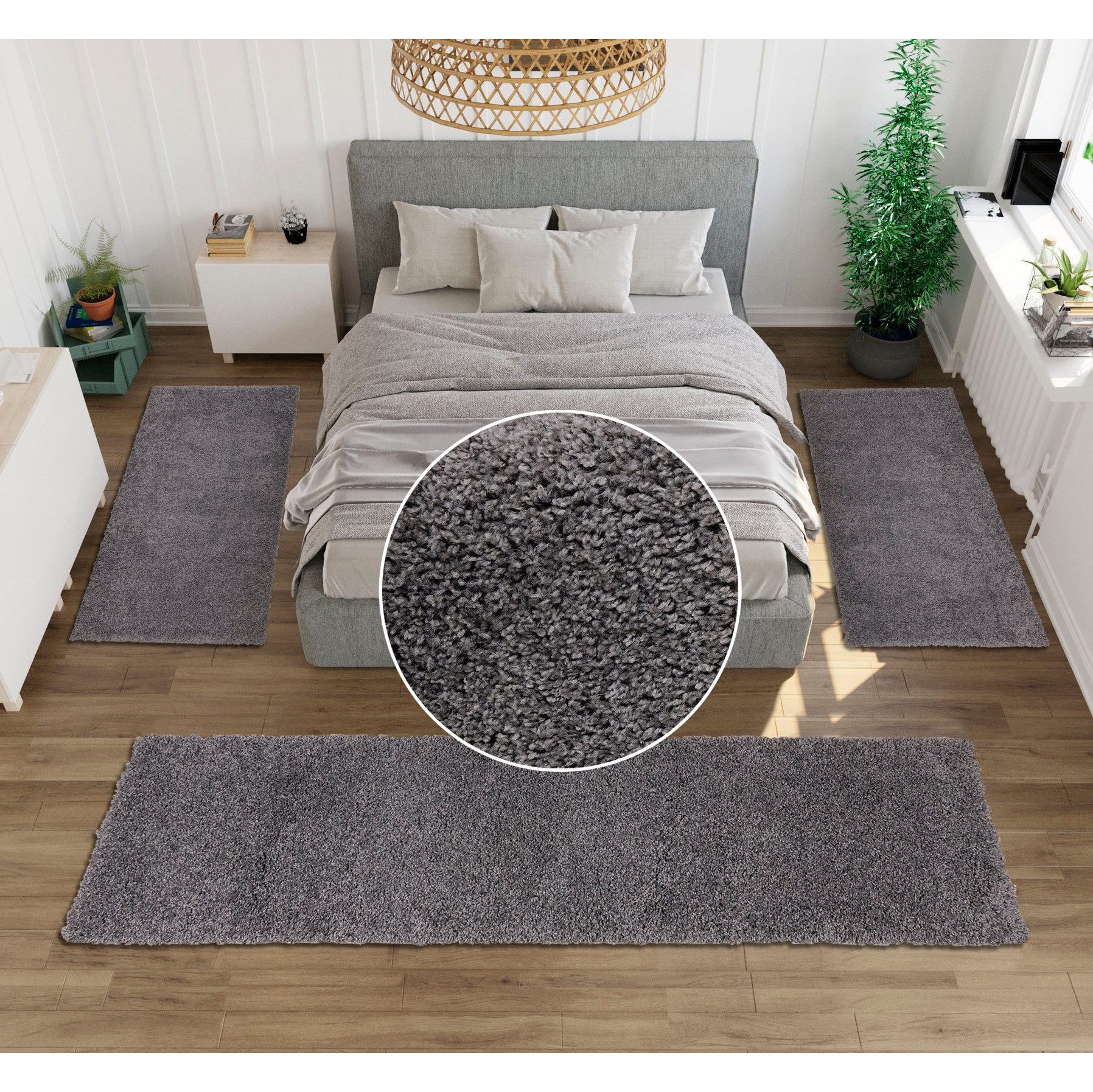 OTTO home Bettumrandung Shaggy 30, Höhe 30 mm, (3-tlg), gewebt, 2- oder 3-teilig, Bettvorleger, Läufer-Set, Uni-Farben