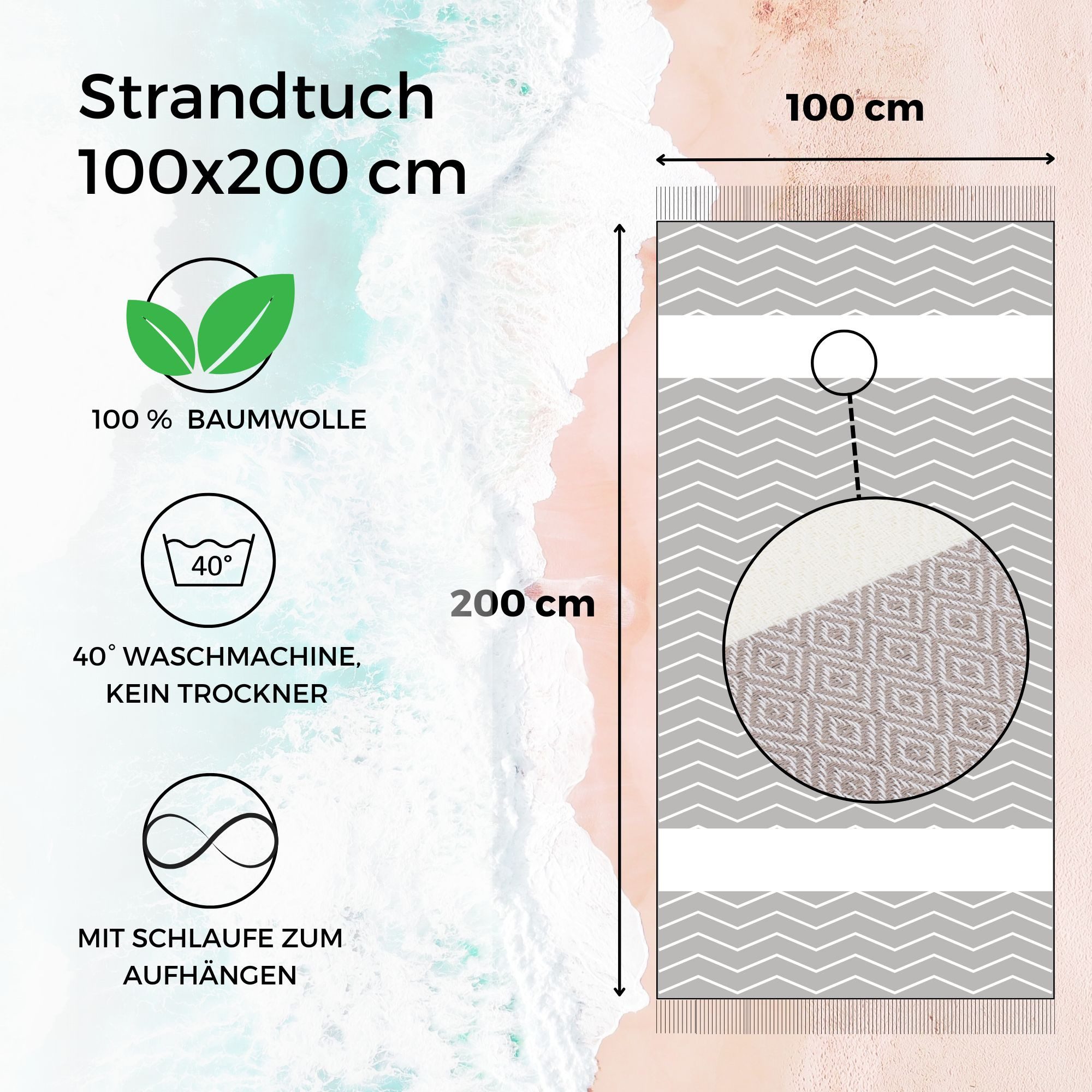 furora HOLIDAY Strandtuch groß 100x200 cm Strand Tuch, aus Baumwolle, Hamamtuch Badetuch, leicht, lang, dünn & kompakt – Bild 3 von 5