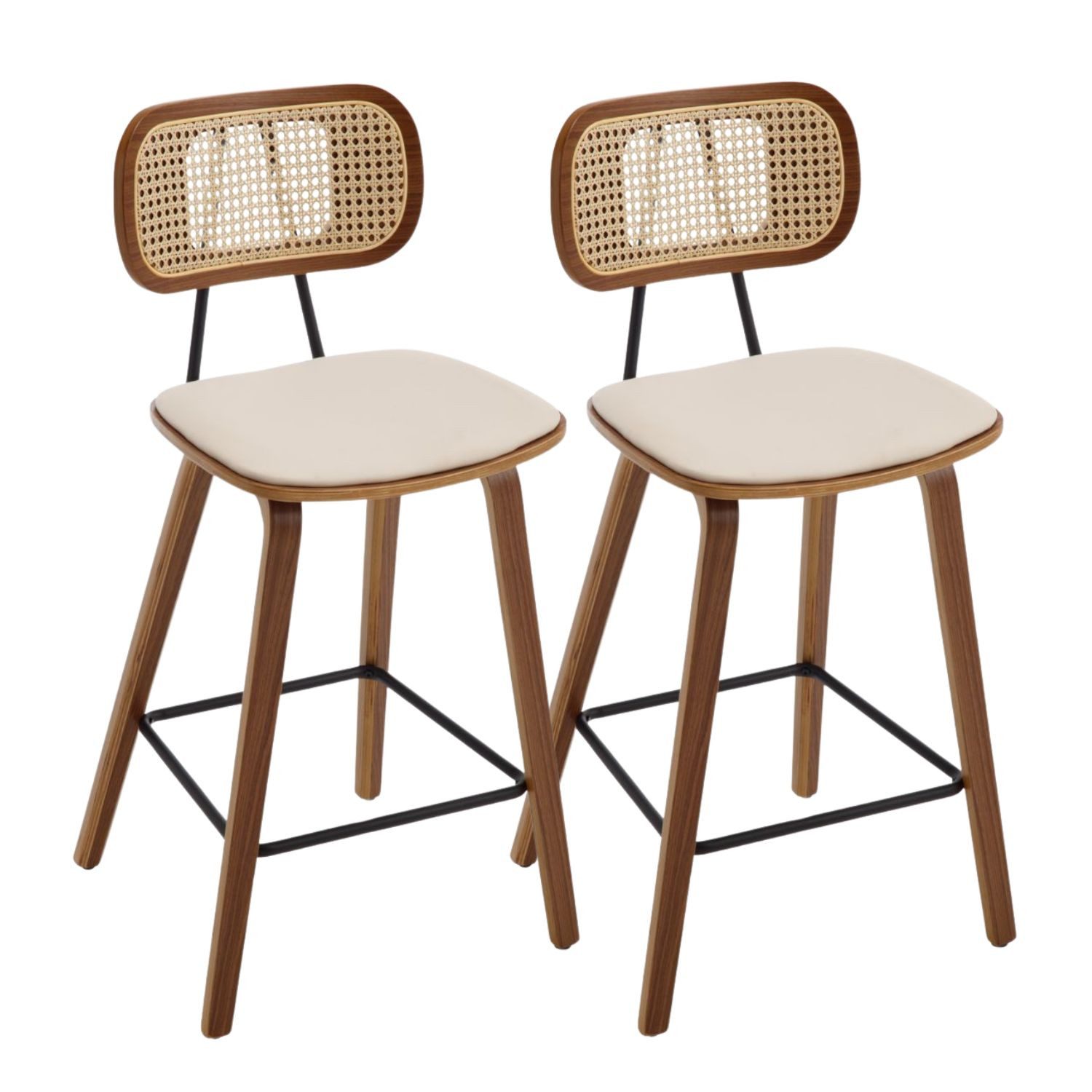 WAHSON OFFICE CHAIRS Barhocker 2er Rattan Barhocker mit PU Leder und Holzbeinen für Küche/Wohnzimmer