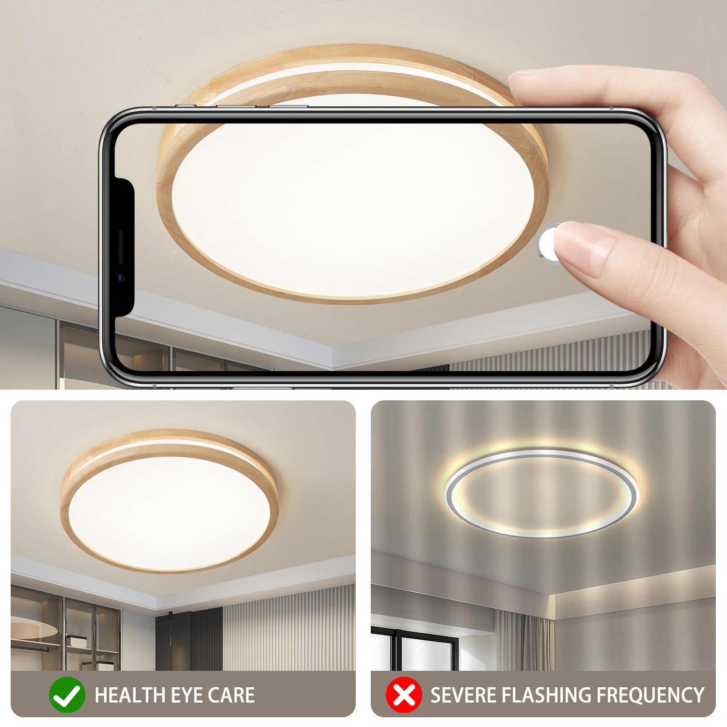 style home LED Deckenleuchte Deckenlampe, 96W-Ø50x5cm, LED fest integriert, warmweiß bis kaltweiß 3000-6000K, dimmbar mit Fernbedienung, für Wohnzimmer Schlafzimmer Büro Küche, 50x50x6cm, Holz