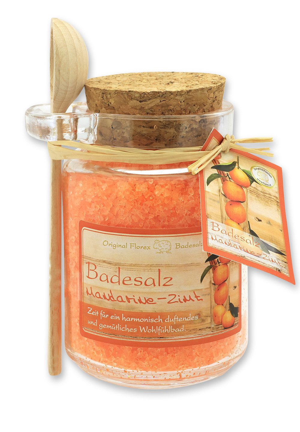 Gerlinde Hofer _ Florex GmbH Badezusatz Mandarine-Zimt 300 g, 1-tlg., Badesalz mit Bio Schafmilch im Glas mit Holzlöffel 300 g