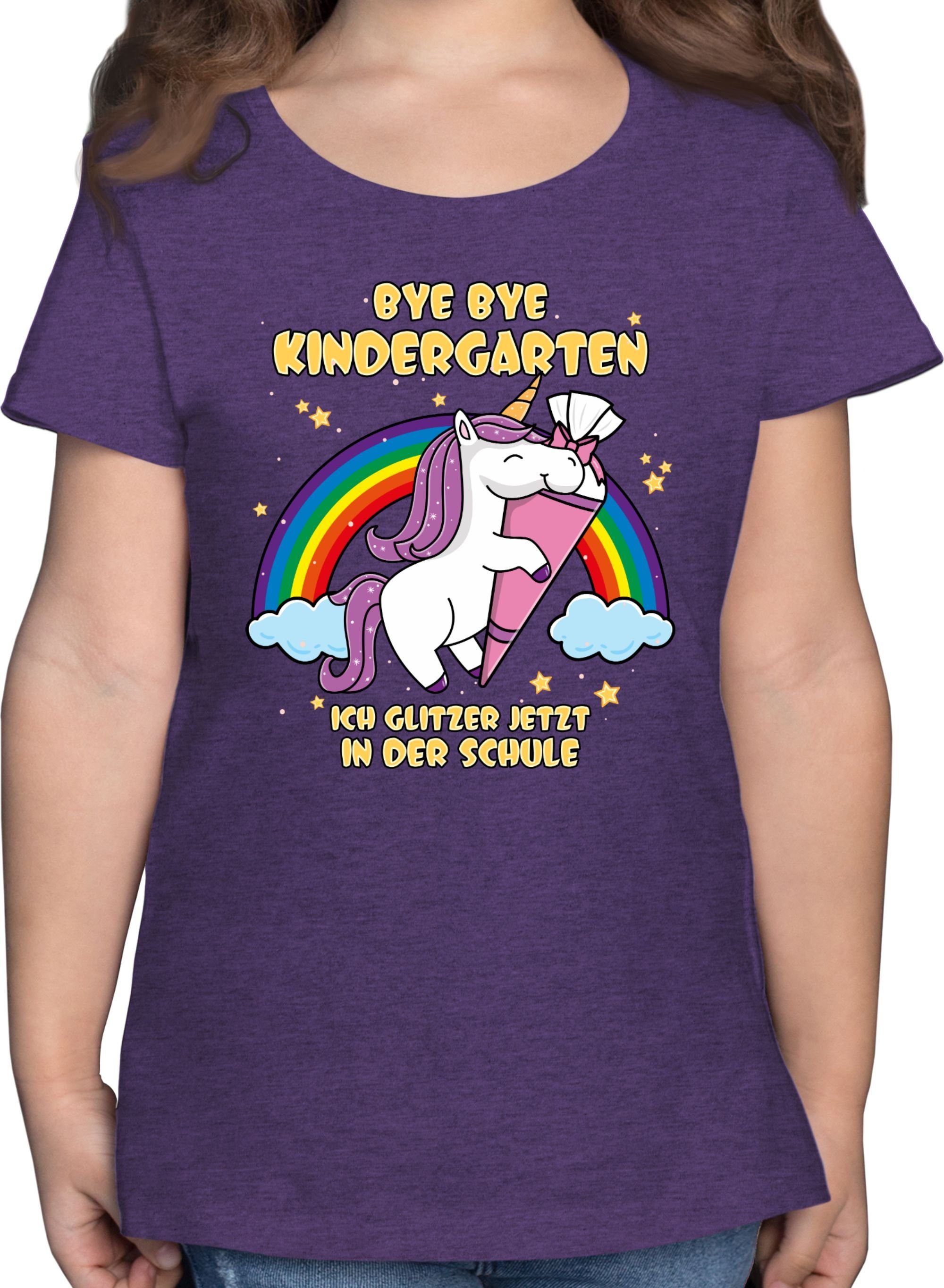 Shirtracer T-Shirt Bye Bye Kindergarten der jetzt glitzer Schule ich 3 Lila in Meliert Einschulung Mädchen Einhorn