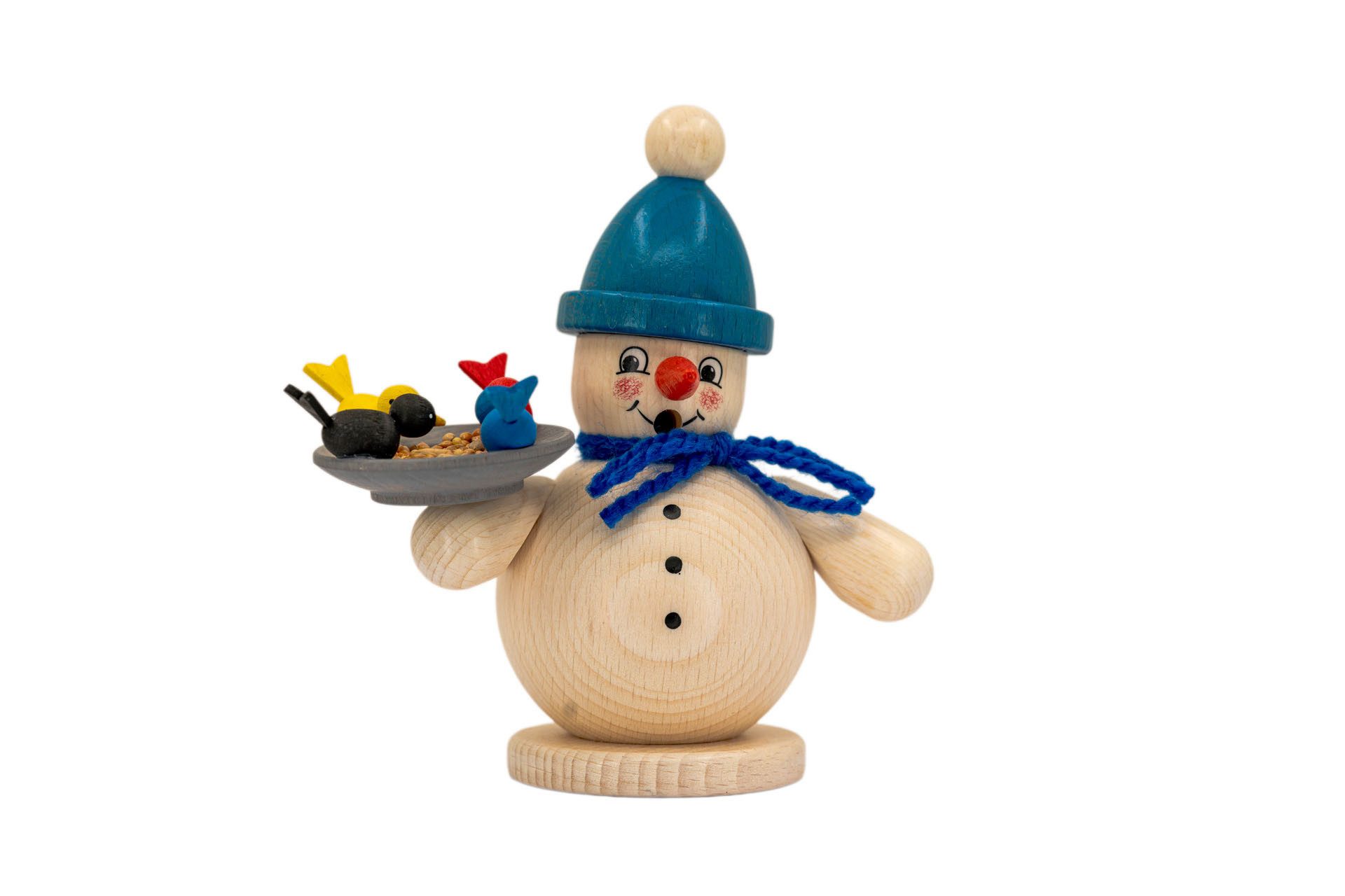 Holzwaren Egermann Räuchermännchen Räucherschneemann mit Vogelschale und blauer Mütze - 12 x 7 x 12 cm, handgearbeitete Figur - für Räucherkerzen Größe M - Made in Germany
