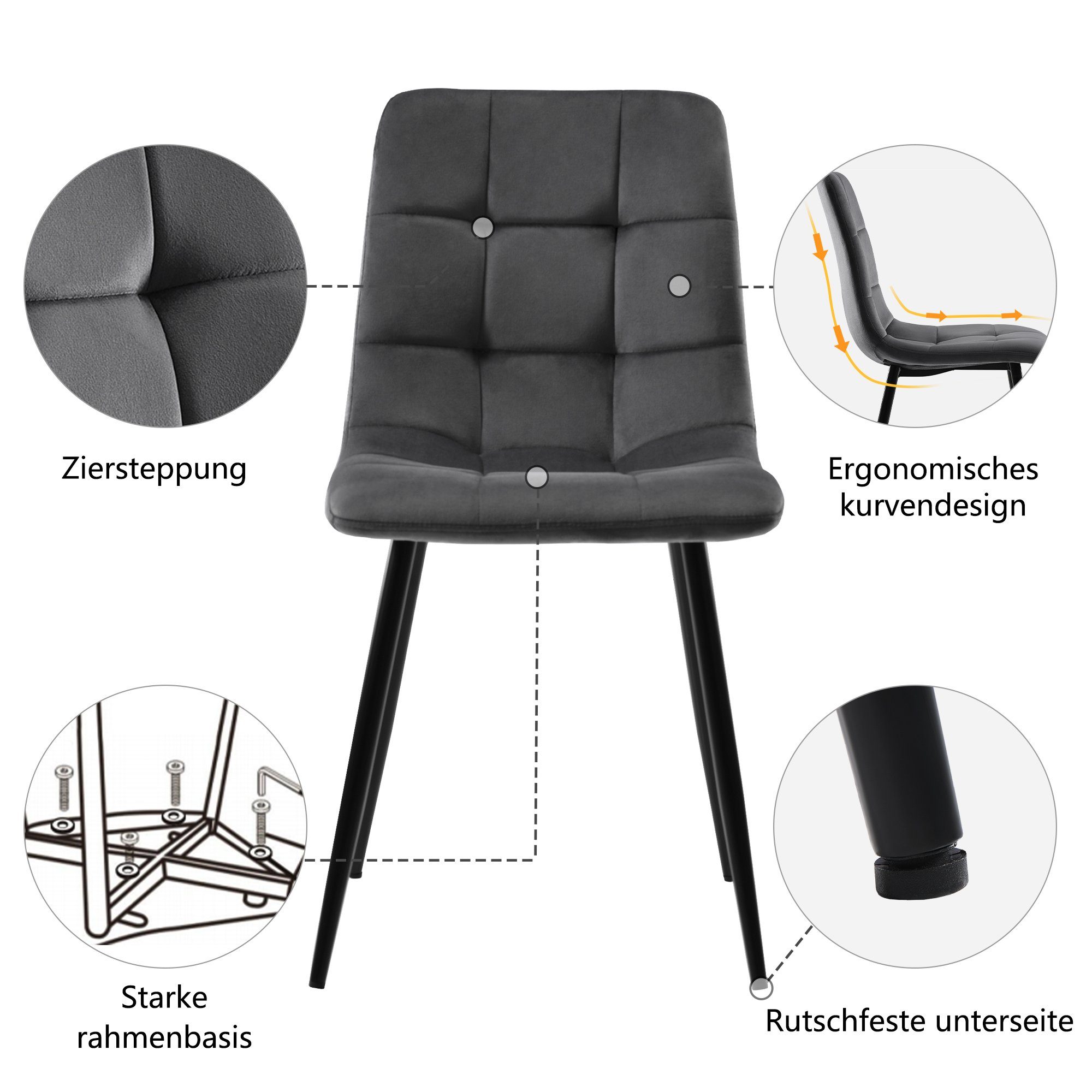 EXTSUD Esszimmerstuhl Esszimmerstuhl (4 St), Stuhl, Samtoberfläche, Polsterung Metallbeine grau Schaumstoff, aus Schwarz, hochdichtem Polsterstuhl Design