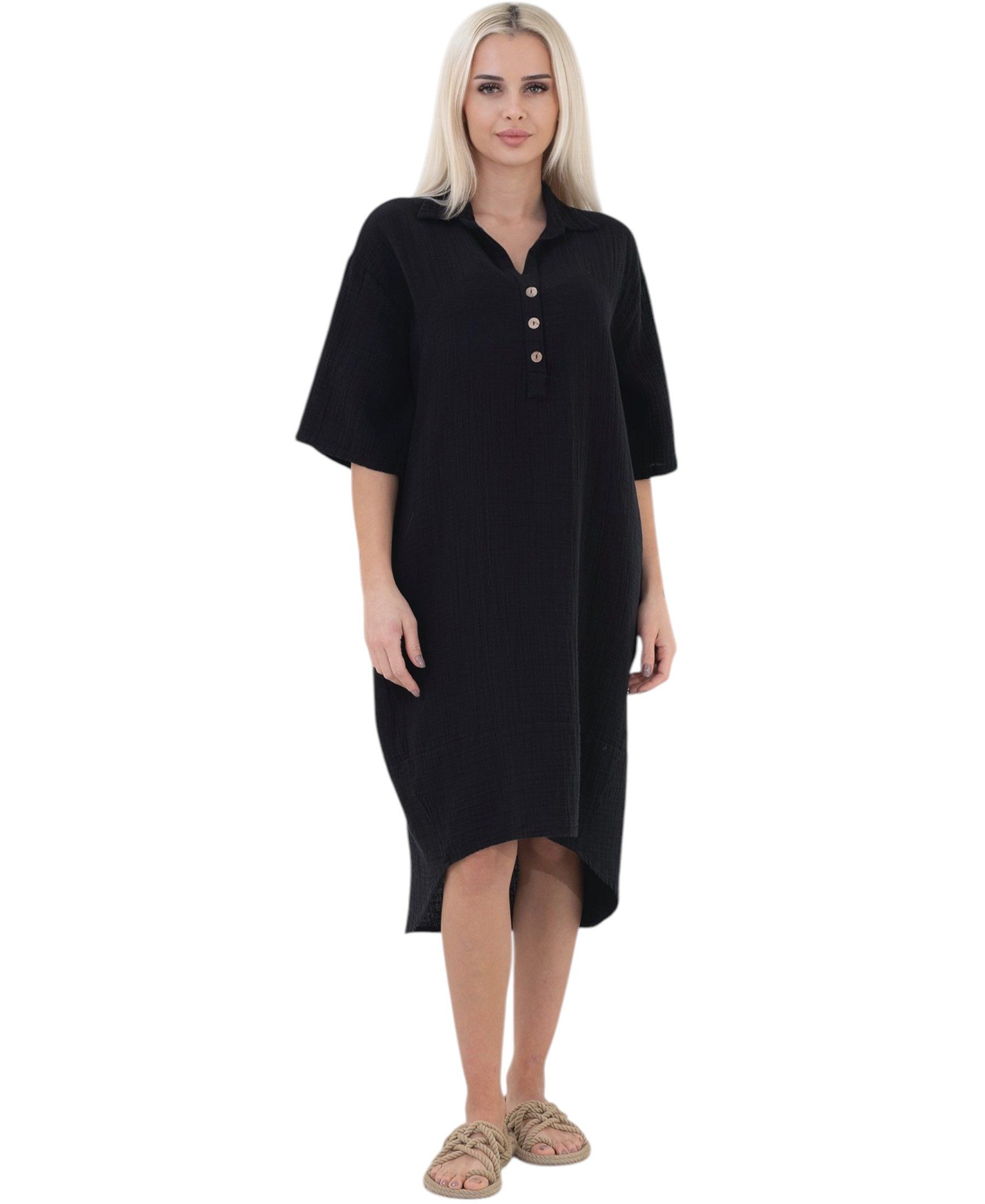 WENOR Blusenkleid Musselin Damen Tunika Kleid Baumwolle Oversize Sommerkleid Locker geschnitten mit Hemdkragen, Knopfleiste und Seitentaschen