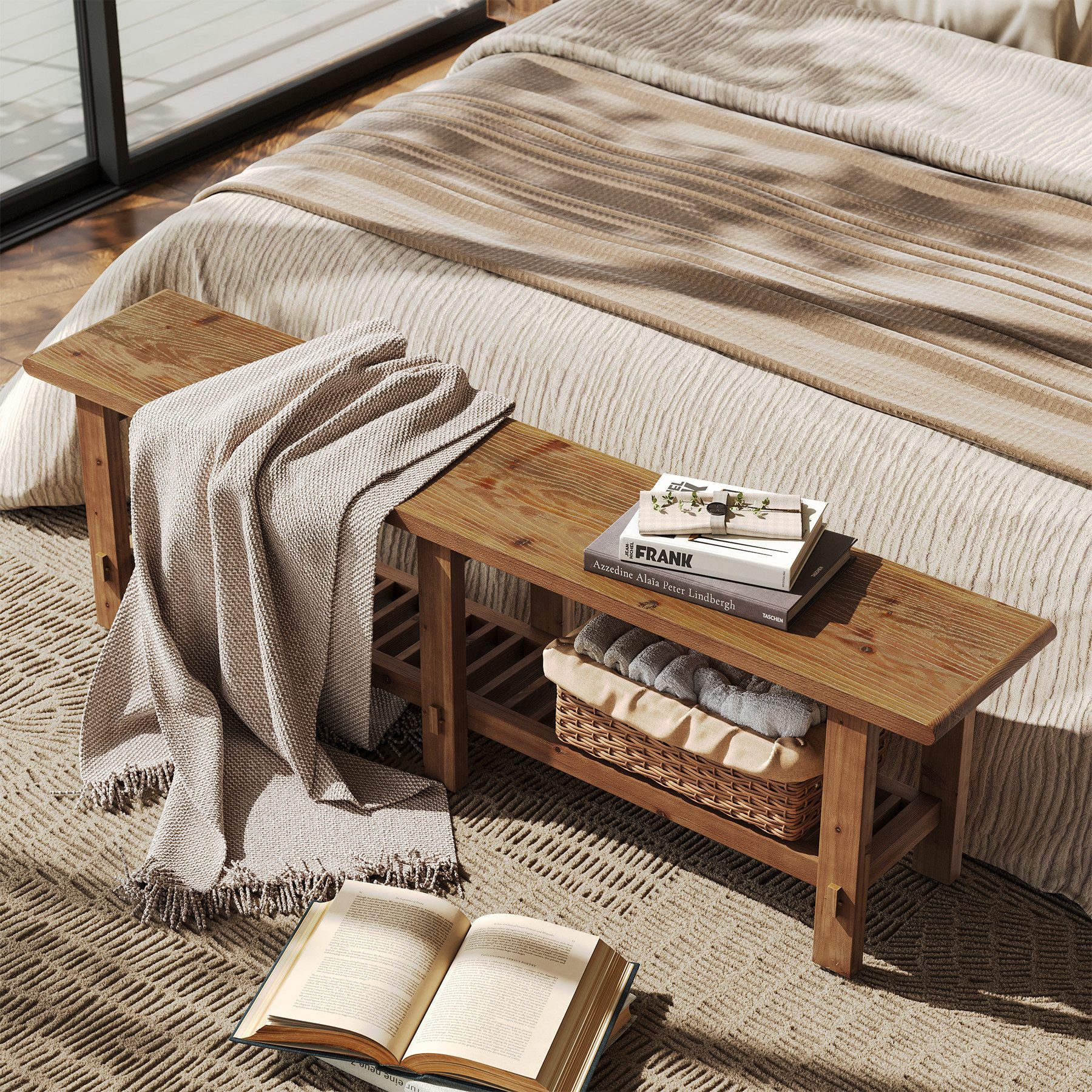 Tribesigns Schuhbank 160 cm Massivholzbank, Sitzbänke im Landhausstil mit Ablage, Flurbank (für Schlafzimmer, Wohnzimmer, Eingangsbereich und Flur) – Bild 4 von 5