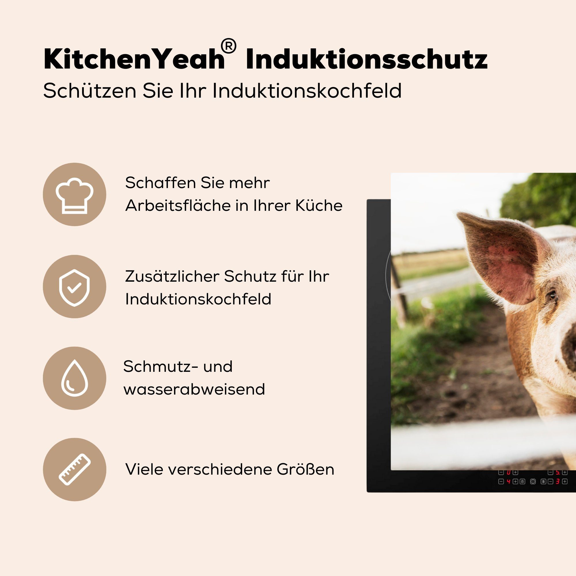 MuchoWow Herdblende-/Abdeckplatte Schutz Bauernhof cm, küche, Tier, Ceranfeldabdeckung Schwein Induktionskochfeld - (1 tlg), 81x52 Vinyl, - die für