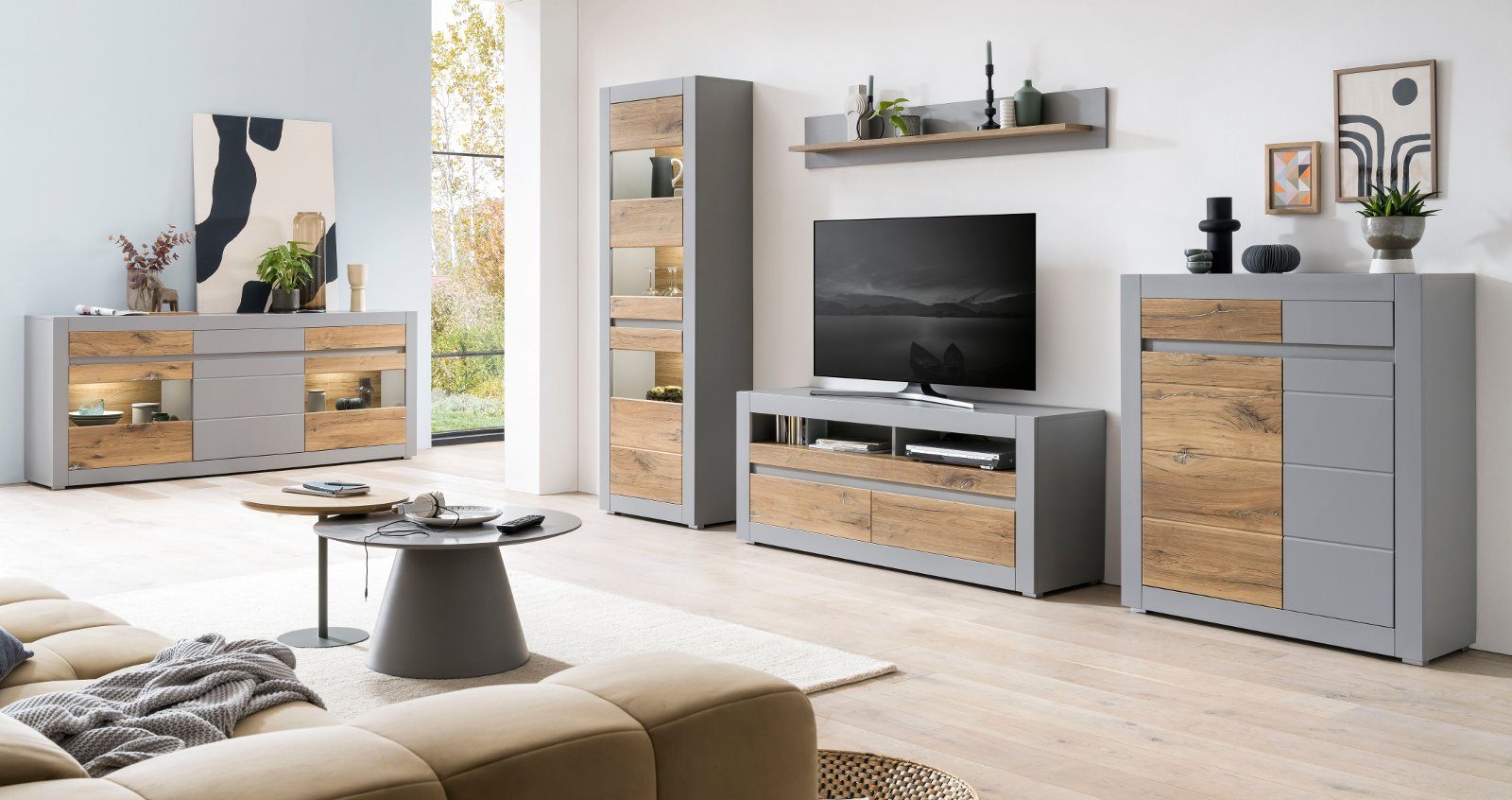 Furn.Design Wohnwand Tamaris, und Türen (Set TV Lowboard Eiche), mit Soft-Close 4-teilig, matt 217 cm, grau großes Auszüge und