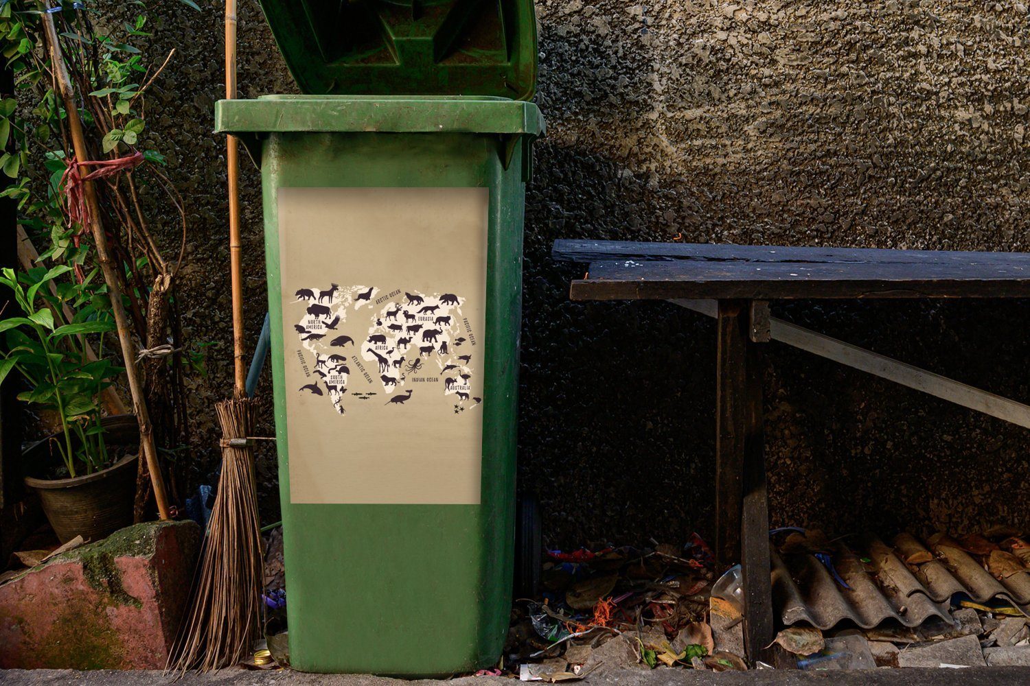 Retro - MuchoWow Wandsticker (1 Weltkarte Container, - Sticker, Mülltonne, Tiere Abfalbehälter St), Mülleimer-aufkleber,