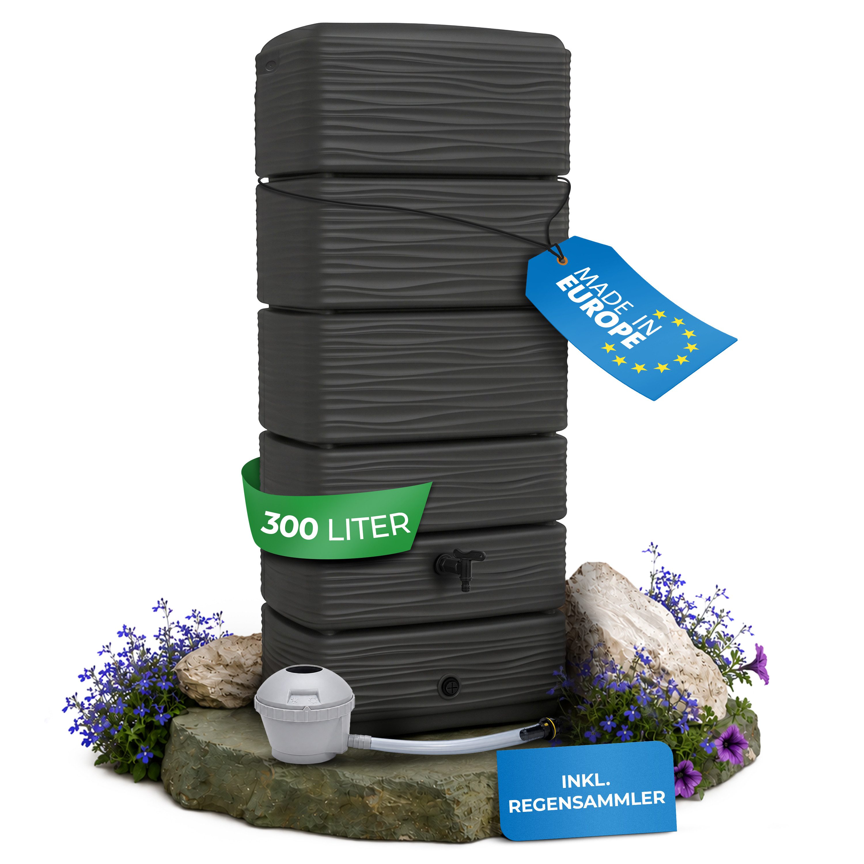 YourCasa Regentonne AquaWall 300 Liter Anthrazit schmal mit Regensammler Set, 300 l